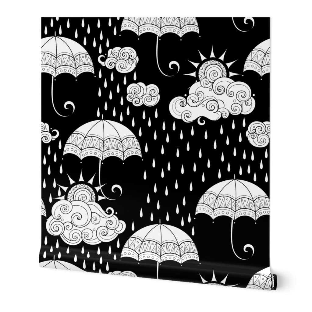 Removable Wallpaper 12ft x 2ft - Weather Forecast Rain Cartoon Sky Summer Cloud Design | Pre-Pasted Peel & Stick Wallpaper for Nursery, Kids Room, Dorm Decor | Spoonflower