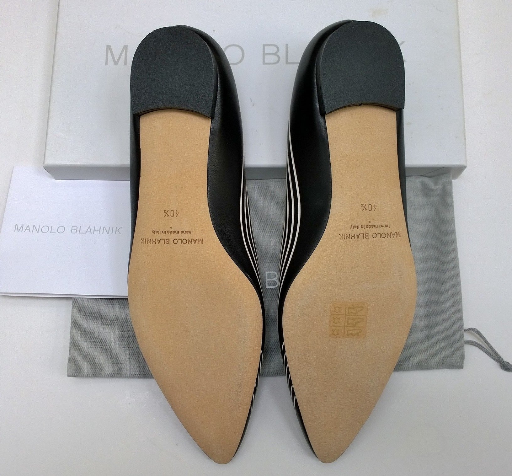 Manolo Blahnik Waldayaflat Black Nappa Leather Flats with White Gradient Stripes - Elegant Women's Dress Shoes for Work, Parties & Special Occasions