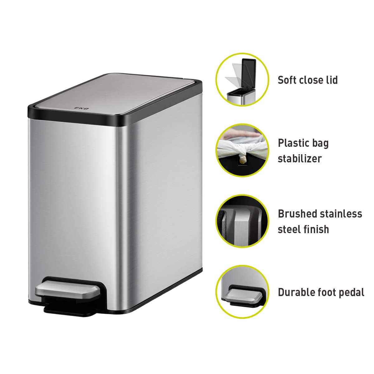 EKO Slim Small Bathroom Trash Can with Lid - Stainless Steel Kitchen Garbage Bin with Removable Inner Bucket, 6L/1.6 Gallon (2-Pack) Step-On Trash Can Combo for Bathroom, Office & Bedroom Waste Disposal