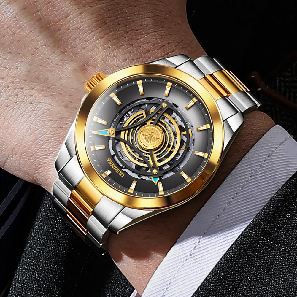 Premium OUINKEE Men's Skeleton Automatic Mechanical Watch - Self-Winding Luxury Dress Watch with Black Tungsten Case, Sapphire Crystal, Luminous Hands & Waterproof Design | Perfect for Business, Formal Events & Everyday Elegance