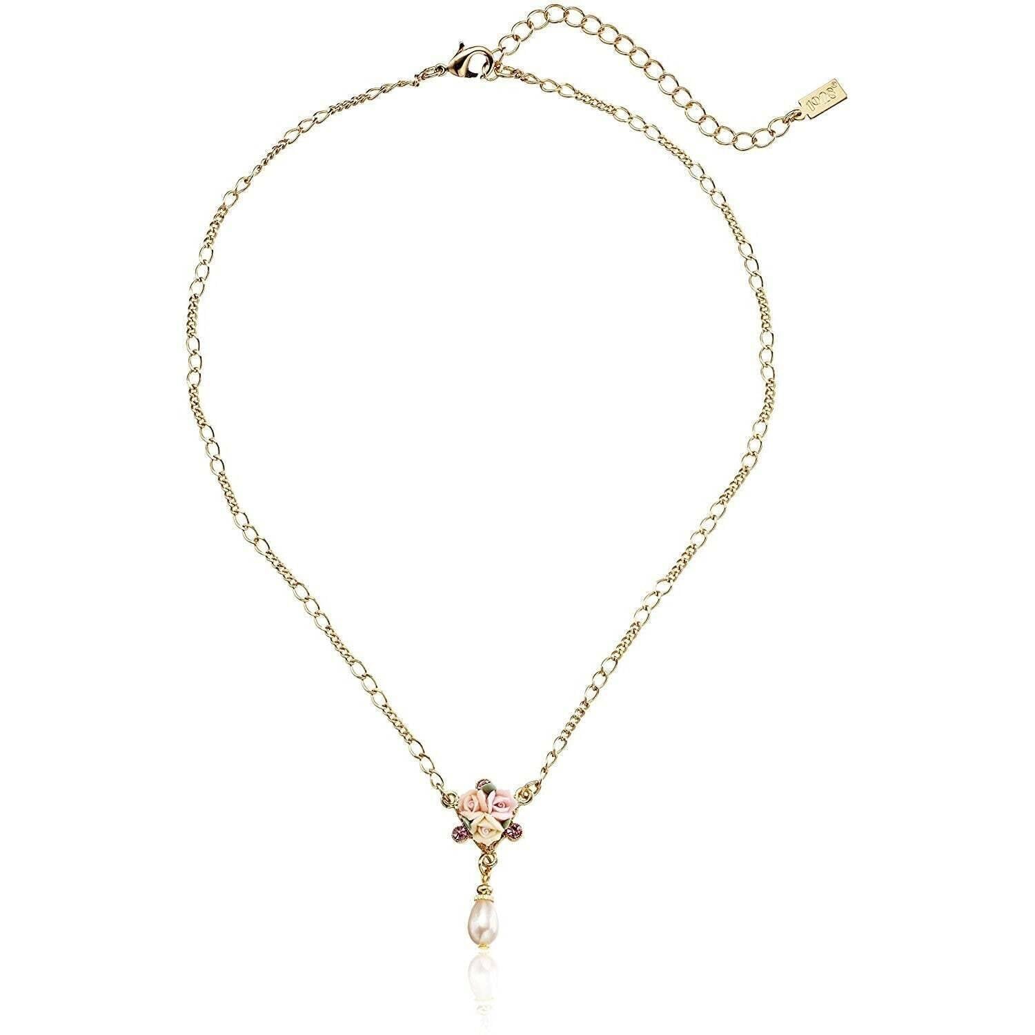 1928 Bridal Crystal Ivory and Pink Porcelain Rose Faux Pearl Necklace with 16 + 3 Extender - Elegant Wedding Jewelry for Brides, Bridesmaids, and Formal Occasions