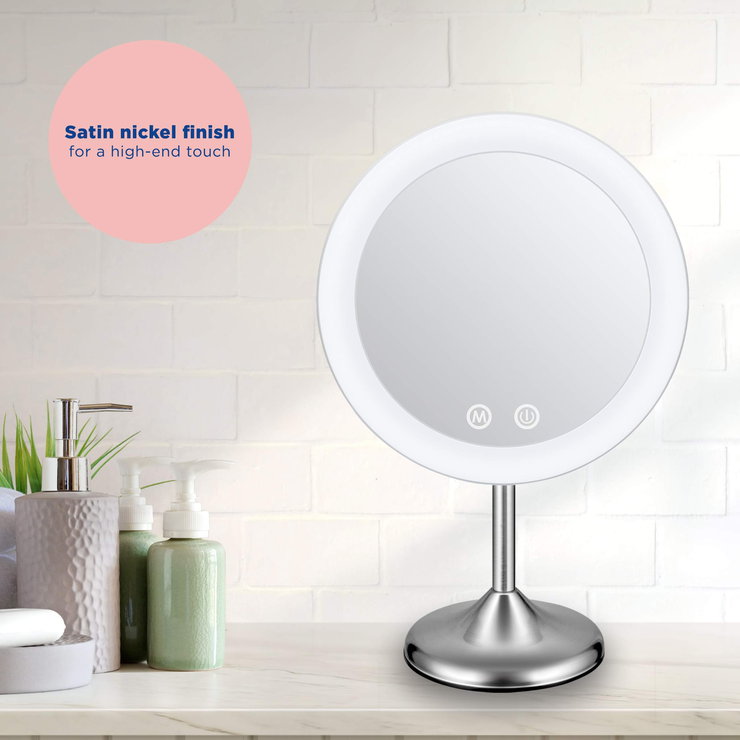 Conair Lighted Makeup Mirror with 10X Magnification - LED Vanity Mirror & Handheld Mirror - 1X/10X Magnifying Mirror - Rechargeable Satin Nickel - Perfect for Makeup Application, Skincare & Travel