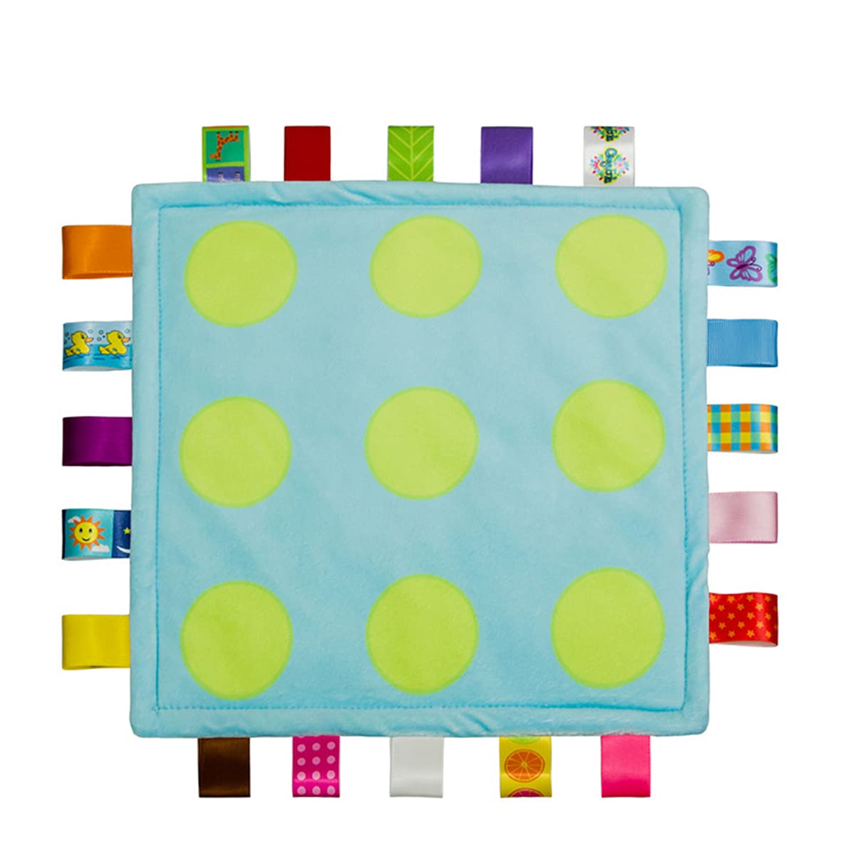 1 PC Soft Baby Tag Blanket - 10.4x10.4 Inch Cute Taggy Security Blanket with Colorful Sensory Tags | Perfect Baby Shower Gift & Nursery Essential (Green Dots) | Ideal for Soothing, Teething & Sensory Development