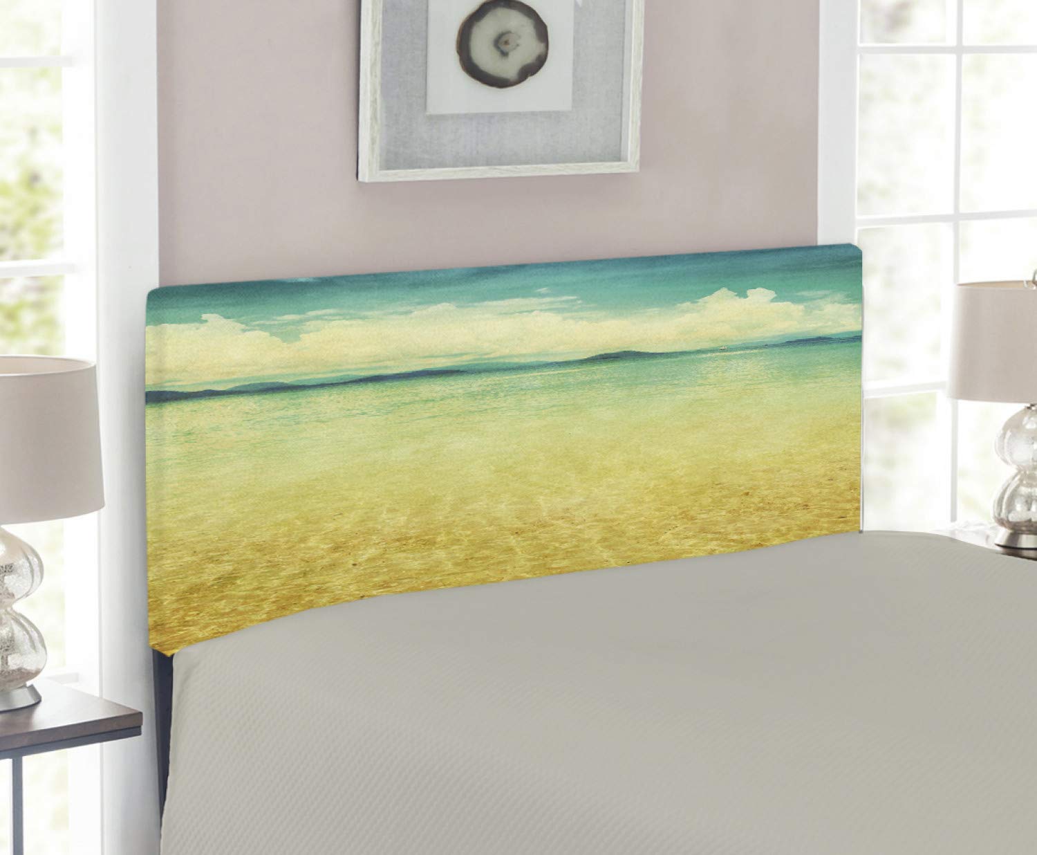 Ambesonne Beach Headboard - Grunge Retro Sea View with Cloudy Sky Design, Upholstered Metal Bed Headboard with Memory Foam, Twin Size, Earth Yellow & Turquoise - Perfect for Coastal & Boho Bedroom Decor