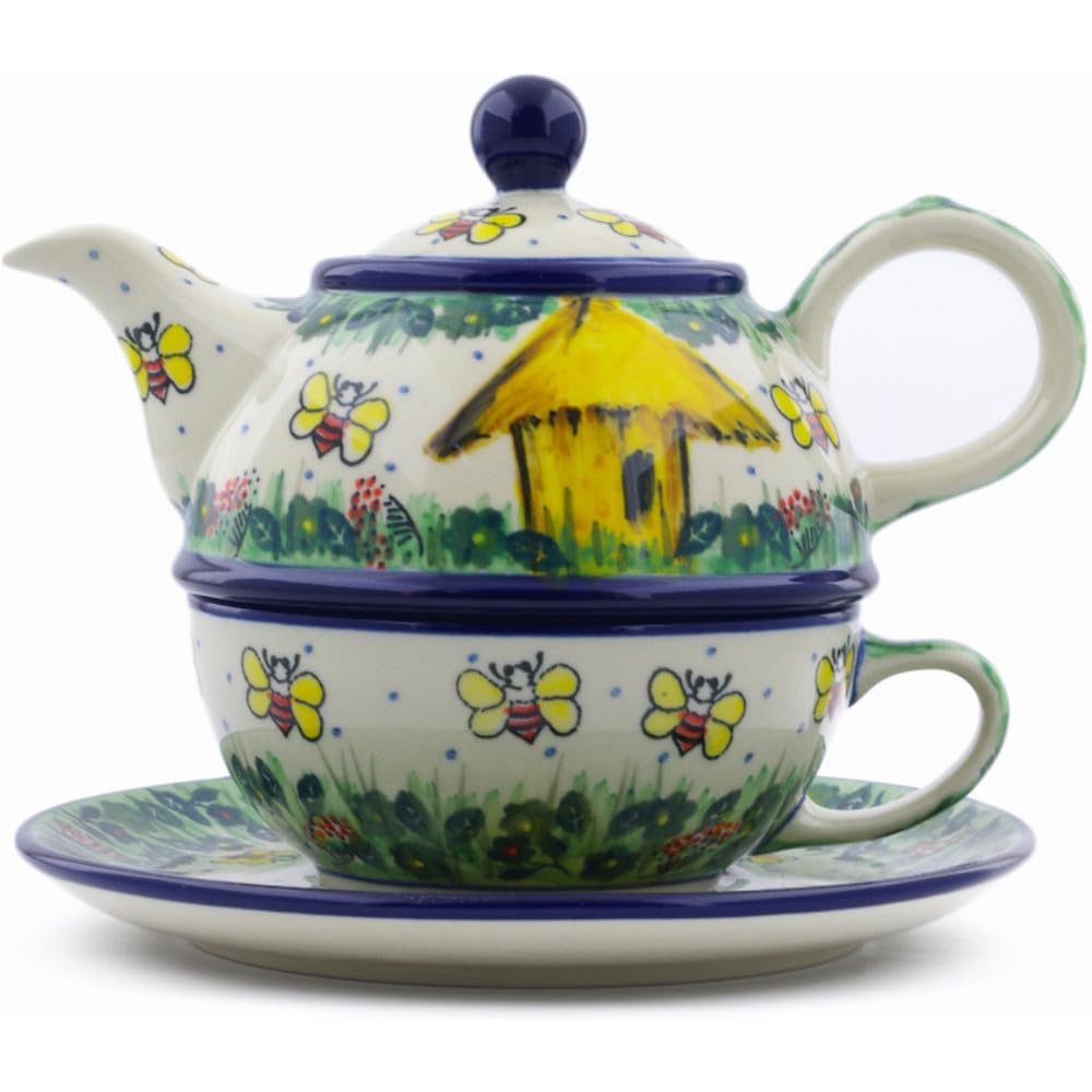 Authentic Polish Pottery Tea Set - Handmade in Bolesławiec, Poland | Signature UNIKAT Bee Happy Design | Includes Certificate of Authenticity | Perfect for Afternoon Tea, Gifts & Home Decor