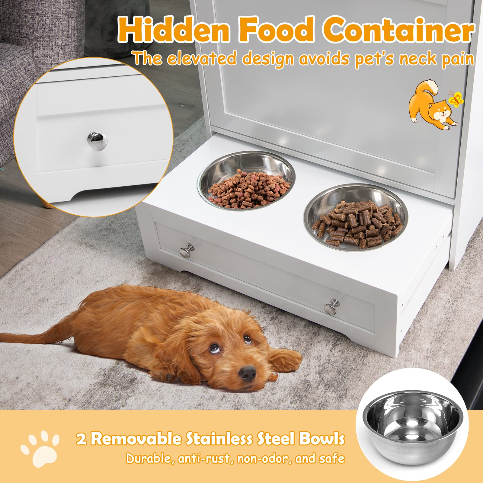 PETSITE Large Pet Feeder Station - Dog Food Storage Cabinet with Stainless Steel Double Pull-Out Raised Bowls for Dog Feeding & Watering Supplies, Pet Toy Organizer in White - Perfect for Kitchen, Laundry Room or Mudroom Pet Feeding Stations