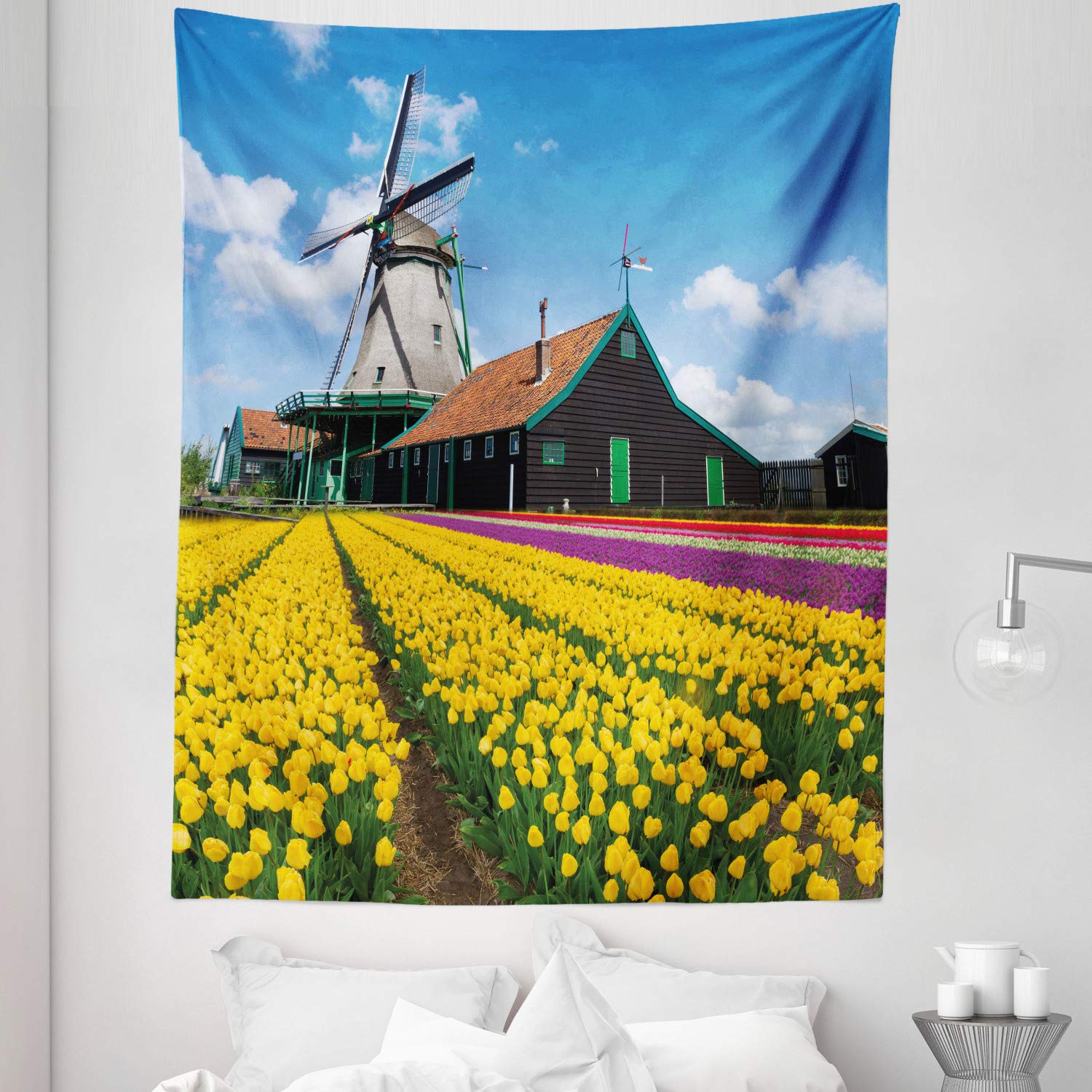 Ambesonne Windmill Tapestry Twin Size - Rustic Dutch Landscape with Vibrant Yellow Tulips European Countryside Wall Hanging, 68x88 Inch Multicolor Bedspread & Wall Decor - Perfect for Bedroom, Dorm, Living Room or Home Decoration