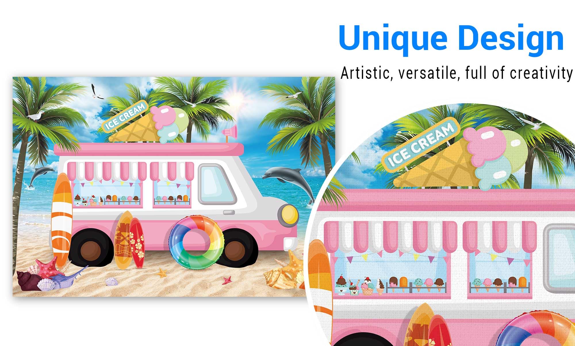 Funnytree 7x5ft Ice Cream Party Backdrop - Pink Dessert Shop Truck Photography Background for Summer, Hawaii Beach & Seaside Themes - Perfect for Baby Girl Birthday, Kids Cake Table Decor, Photo Studio Booth Props & Sweet Party Scenes