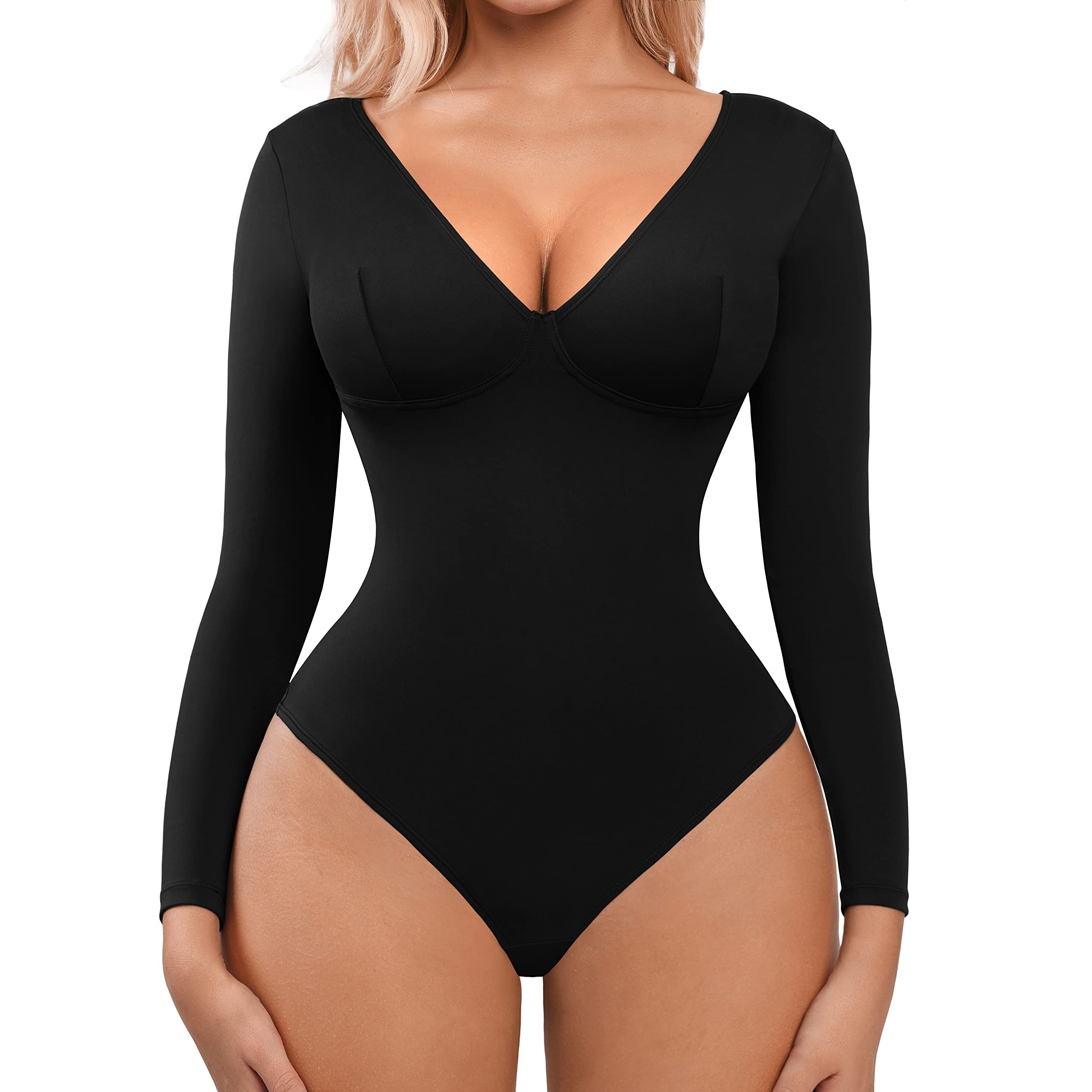 FeelinGirl Women's Slimming Bodysuit - Tummy Control One Piece Top with V/Scoop Neck, Short/Long Sleeve Options for Going Out | Perfect for Clubbing, Date Nights & Office Wear