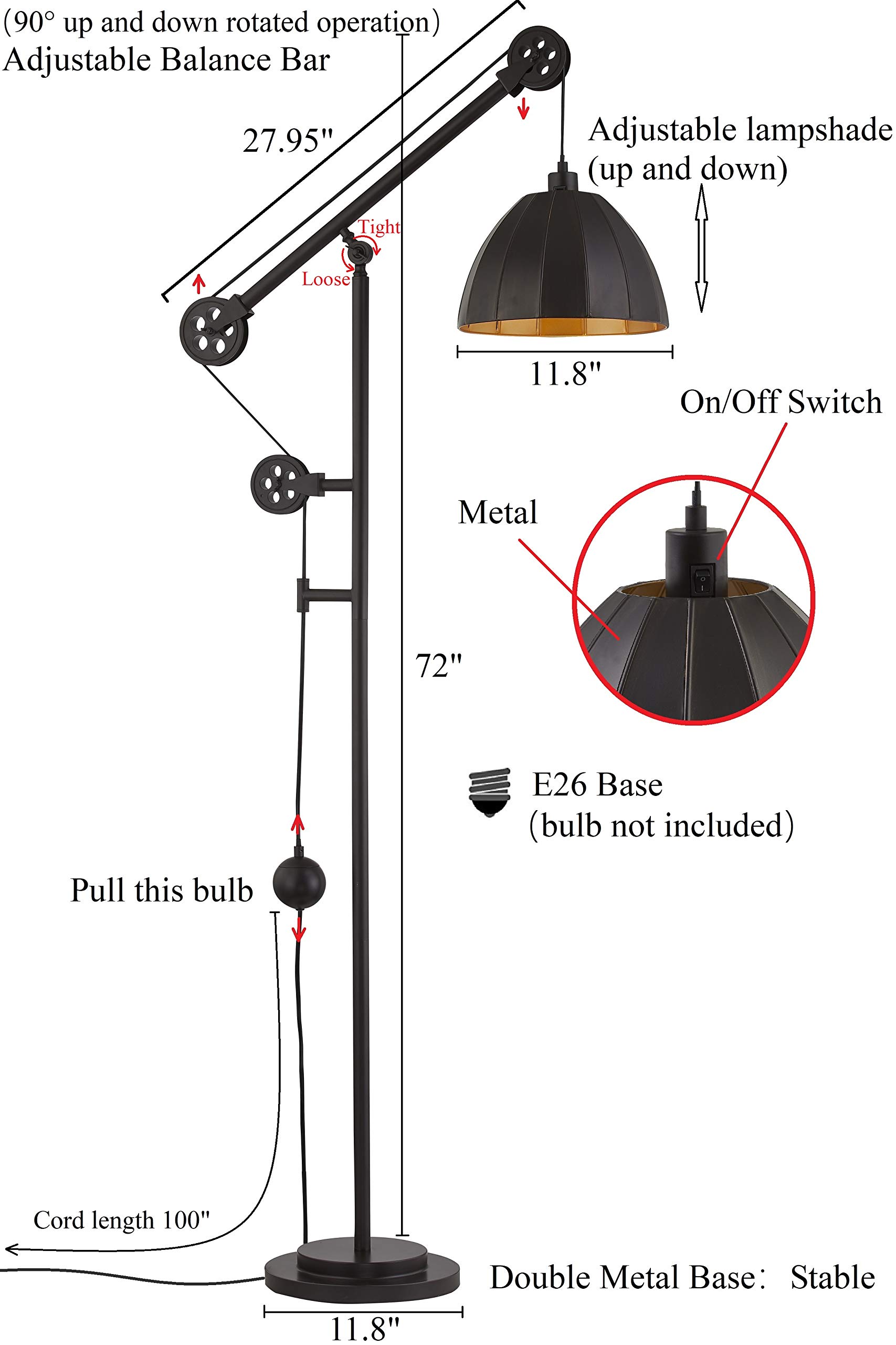 WOXXX Industrial Counterweight Pulley Floor Lamp - Adjustable Metal Shade, Rustic Deep Bronze Finish - Modern Standing Lamp for Living Room, Bedroom, Office & Reading - Farmhouse Style Tall Floor Light for Home Decor & Workspaces