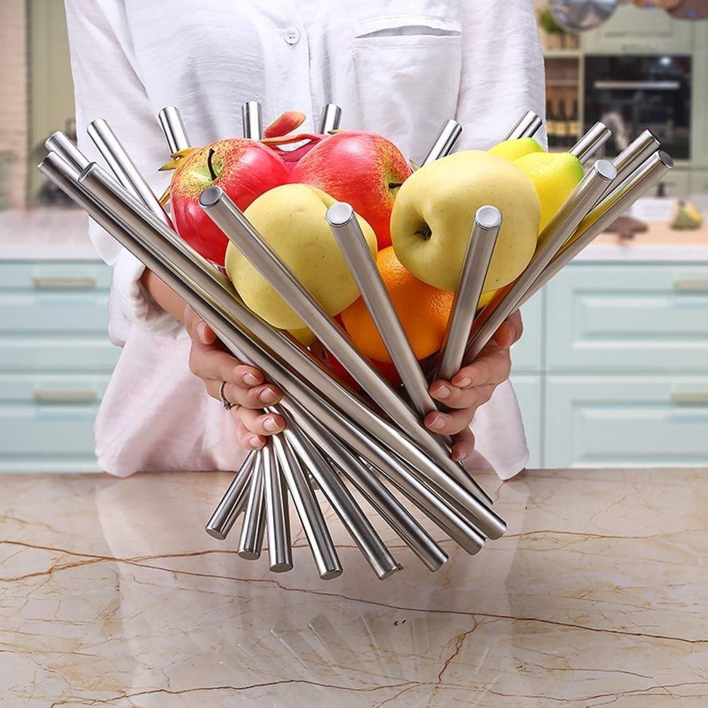 Stainless Steel Rotating Fruit Basket - Foldable Kitchen Counter Storage Bowl for Fruits, Vegetables & Decor | Space-Saving Organizer for Pantry, Dining Table & Countertop Decor