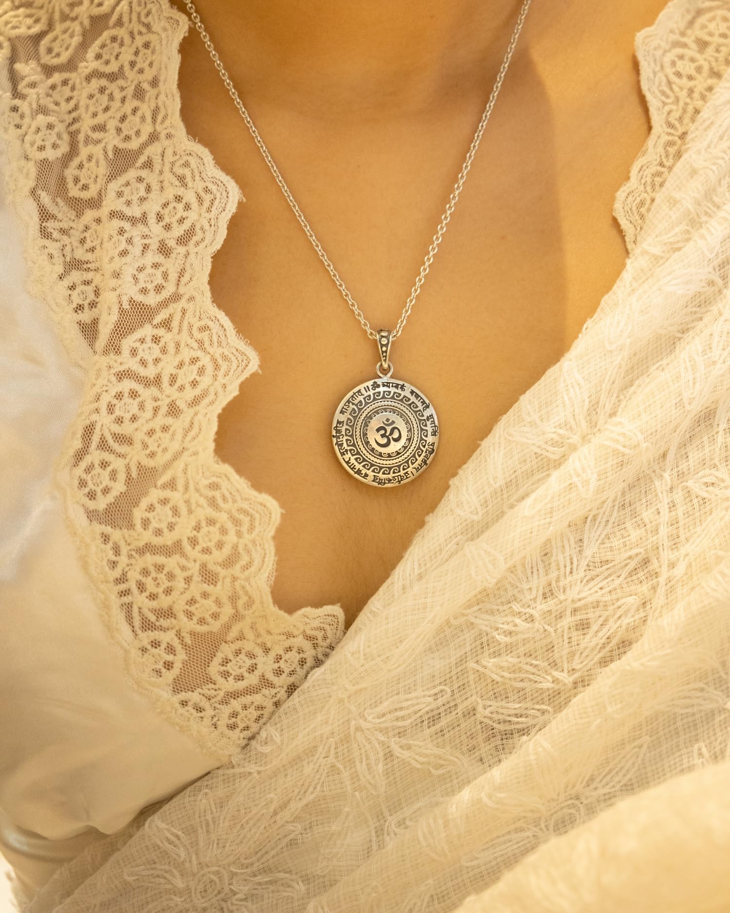 Shyle 925 Sterling Silver Pendant Necklace - Maha Mrityunjaya Mantra Om Charm - Handcrafted Oxidized Indian Jewelry - 92.5 Stamped - Spiritual Women's Accessories for Meditation, Yoga & Daily Wear