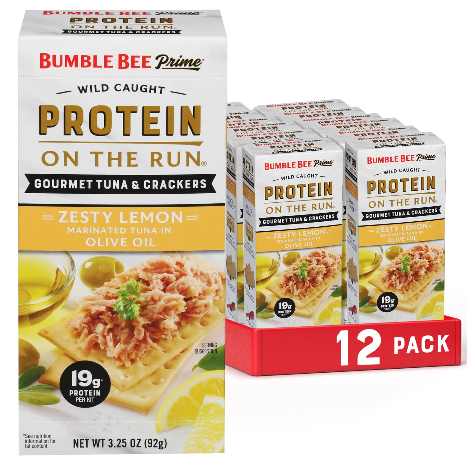 Bumble Bee Prime Protein Tuna Snack Kit - 12 Pack | Gourmet Olive Oil & Lemon Marinated Tuna with Crackers & Utensil | 19g Protein per Serving | Perfect for Office Lunch, Hiking & On-the-Go Snacking