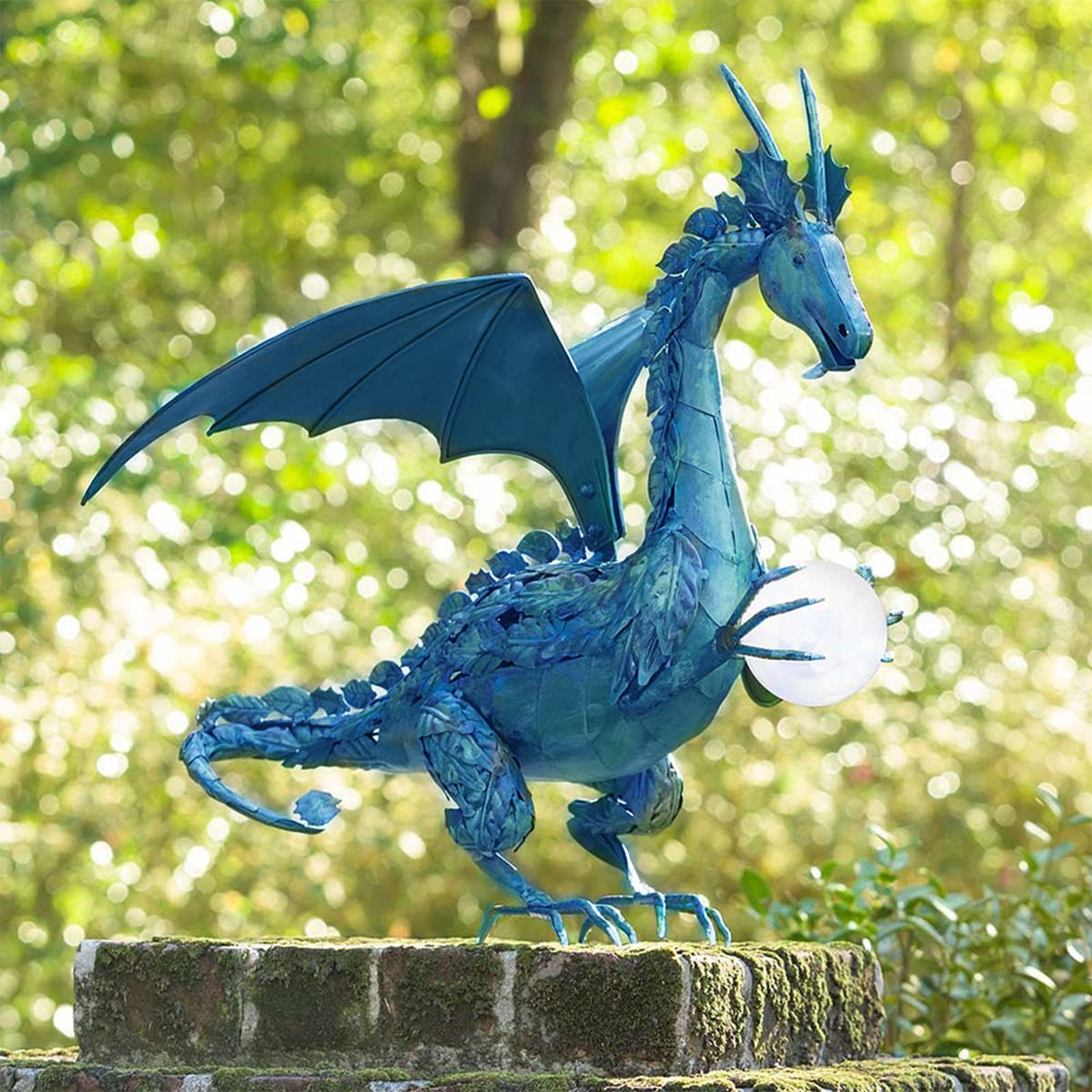 Solar-Powered Dragon Statue with Flaming Pearl - Blue Resin Garden Sculpture for Outdoor & Fairy Garden Fantasy Decor - Perfect for Patio, Lawn, and Backyard Landscaping