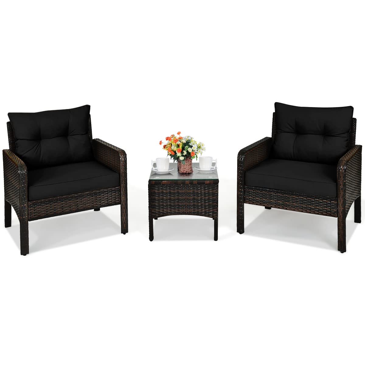COSTWAY 3-Piece Outdoor Patio Furniture Set - All-Weather Wicker Sofa with Cushions & Coffee Table - Rattan Conversation Set for Garden, Balcony, Backyard, Poolside - Perfect for Relaxing, Entertaining & Outdoor Lounging (Black)
