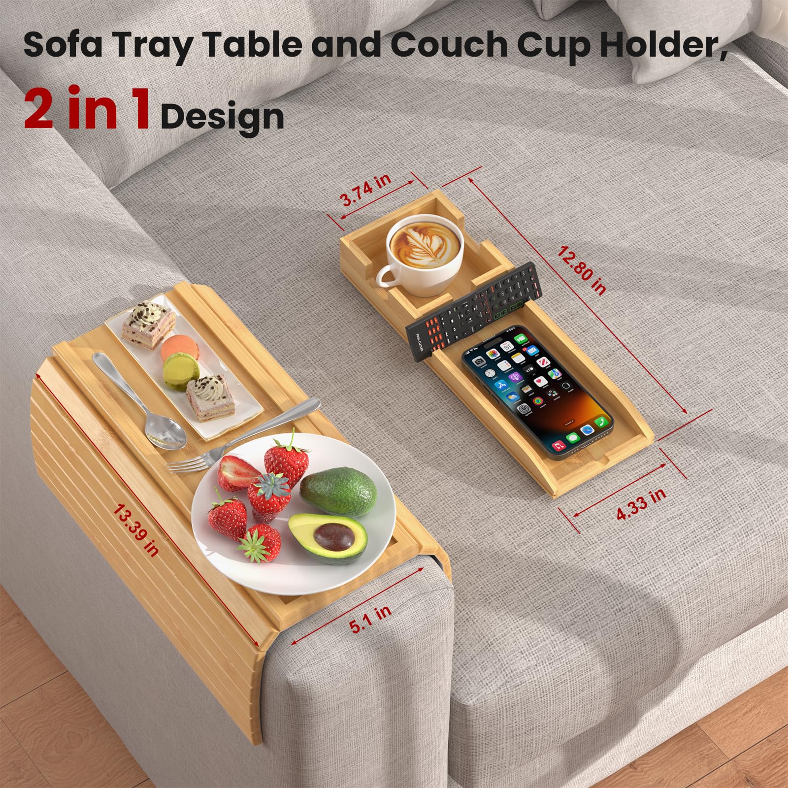 Bamboo Sofa Armrest Tray with Detachable Cup Holder - 2-in-1 Foldable Couch Table for Drinks, Snacks & Remote Control - Non-Slip Design for Living Room, Bedroom & Office Use