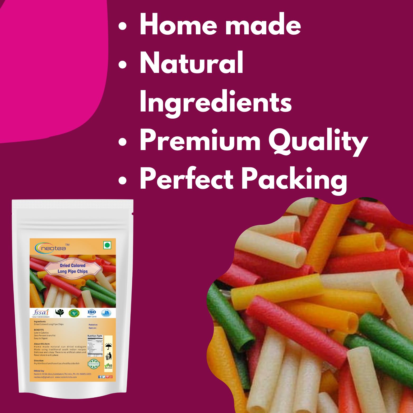 Neotea Homemade Fryum Snacks - Dried Colorful Long Pipe Chips (250g) | Crunchy Vegan Snack for Parties, Movie Nights & Healthy On-the-Go Munching