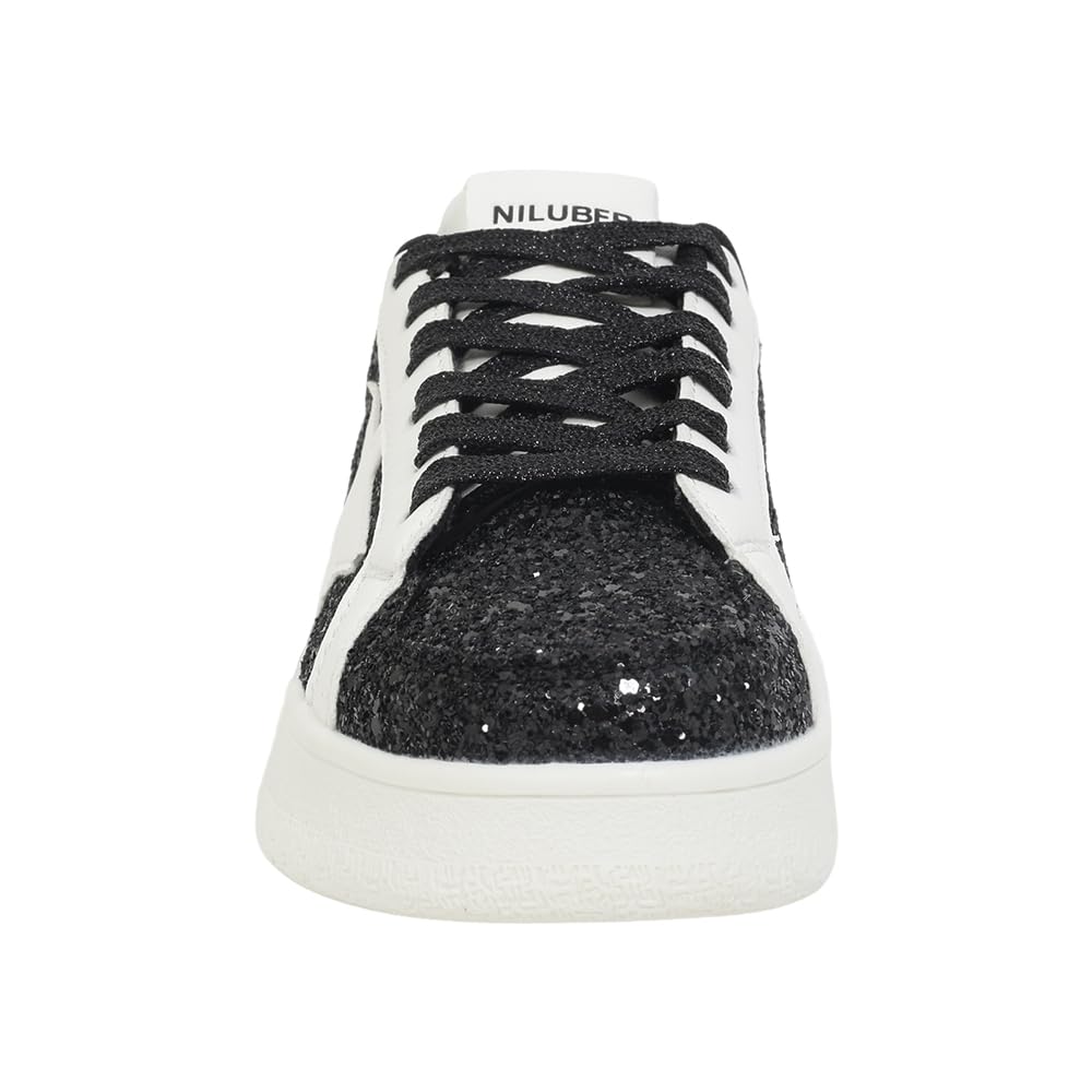Niluber Women's Low Top Comfortable Cushioned Sneakers - White, Gold, Silver & Leopard Print Platform Shoes with Lace Up Design | Perfect for Party, Casual Wear & Everyday Fashion (Red Glitter Option Available)