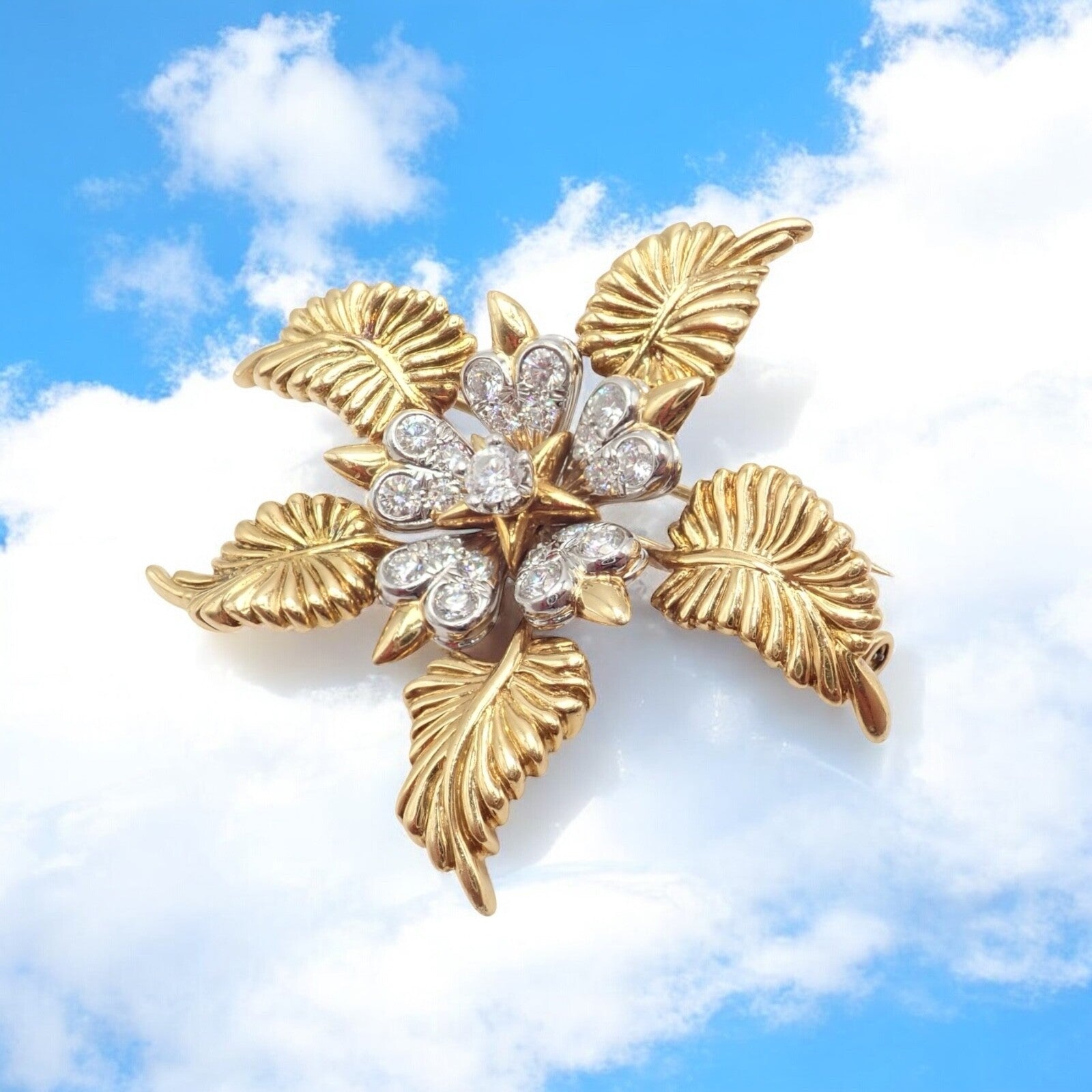 Tiffany & Co Schlumberger 18k Yellow Gold Platinum Diamond 5 Leaf Pin Brooch - Elegant Jewelry for Women, Luxury Gift for Anniversary & Special Occasions