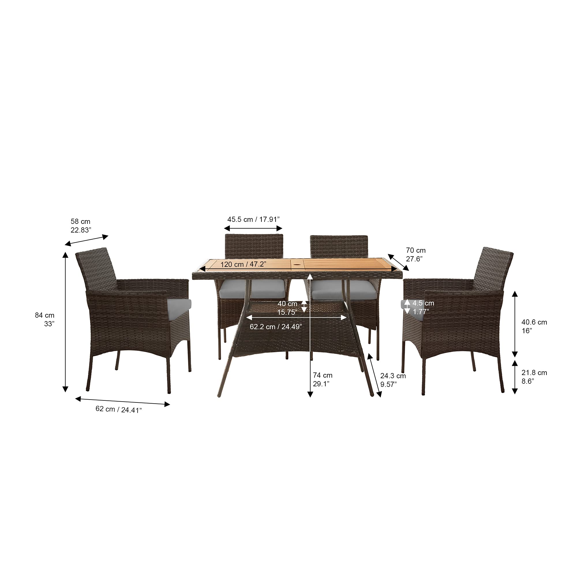 Teamson Home Outdoor PE Rattan 4-Piece Dining Set with Removable Water-Resistant Cushions & Acadia Wood-Slated Table Top - Perfect for Patios, Decks, Gardens, Poolside & Sunrooms (Brown/Gray) - Ideal for Outdoor Entertaining, Family Gatherings & Relaxing in Your Backyard