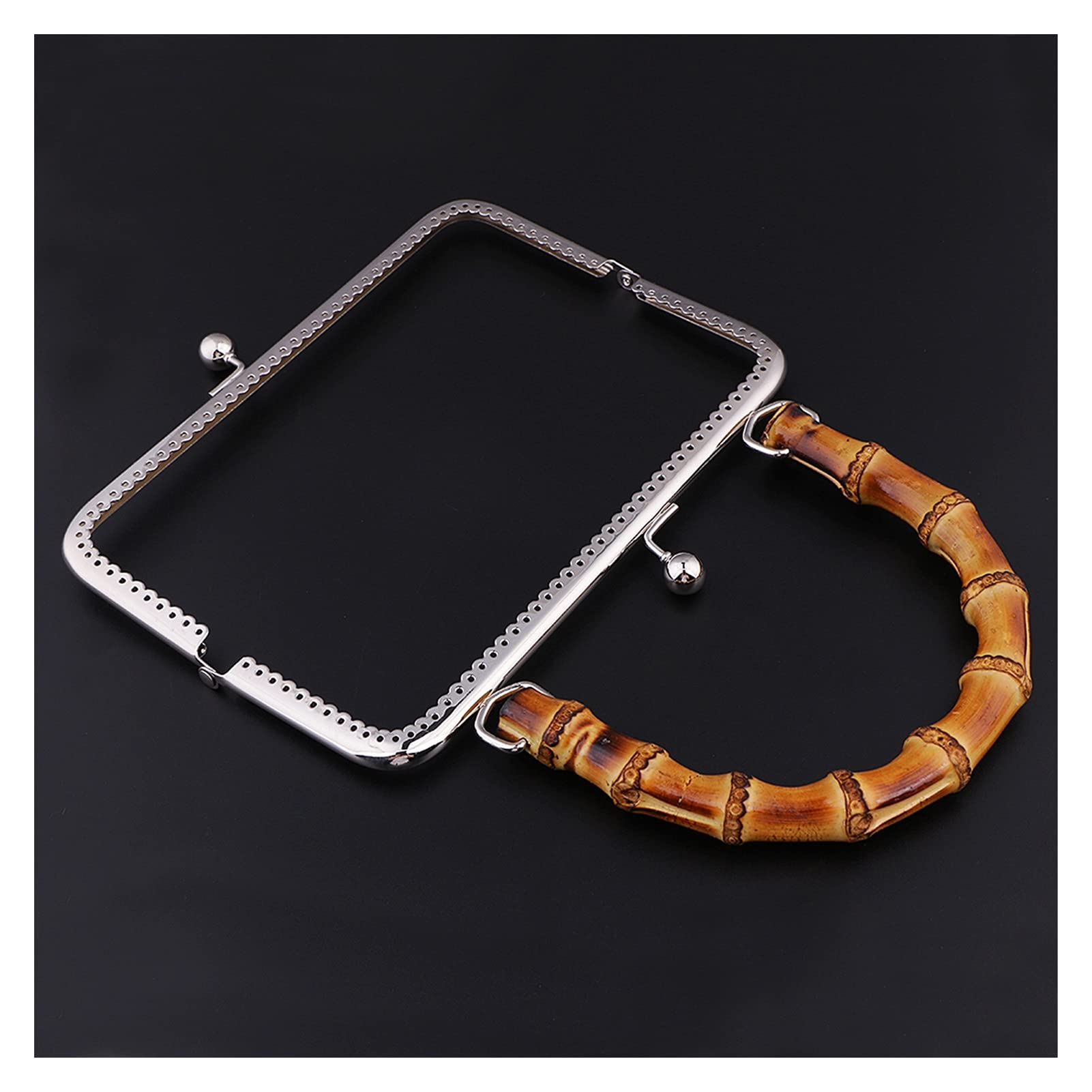 Silver 20cm Metal Frame Kiss Clasp Lock with Bamboo Handle - DIY Wallet, Coin Purse & Bag Accessories Hardware - Perfect for Crafting, Sewing Projects & Handmade Gift Making