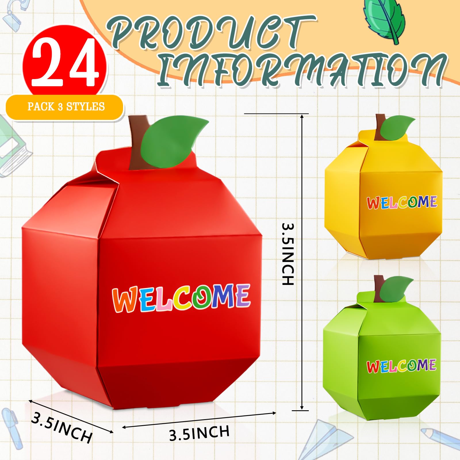 Qilery 24-Piece Welcome Back to School Gift Set - First Day of School Candy Box, Apple Pencil Shaped Treat Box, School Bus Favor Box & Backpack Gift Box for Classroom Decorations, Birthday Parties & Teacher Appreciation Gifts - Perfect for School Celebrations, Student Rewards & Party Favors (Apple Design)