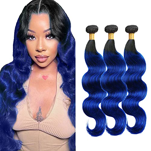 Blue Ombre Body Wave Human Hair Bundles 8 10 12 Inch - 100% Unprocessed Virgin Hair Extensions for Black Women | Wet & Wavy Blue Hair Weave | Natural Look for Parties, Weddings & Daily Styling