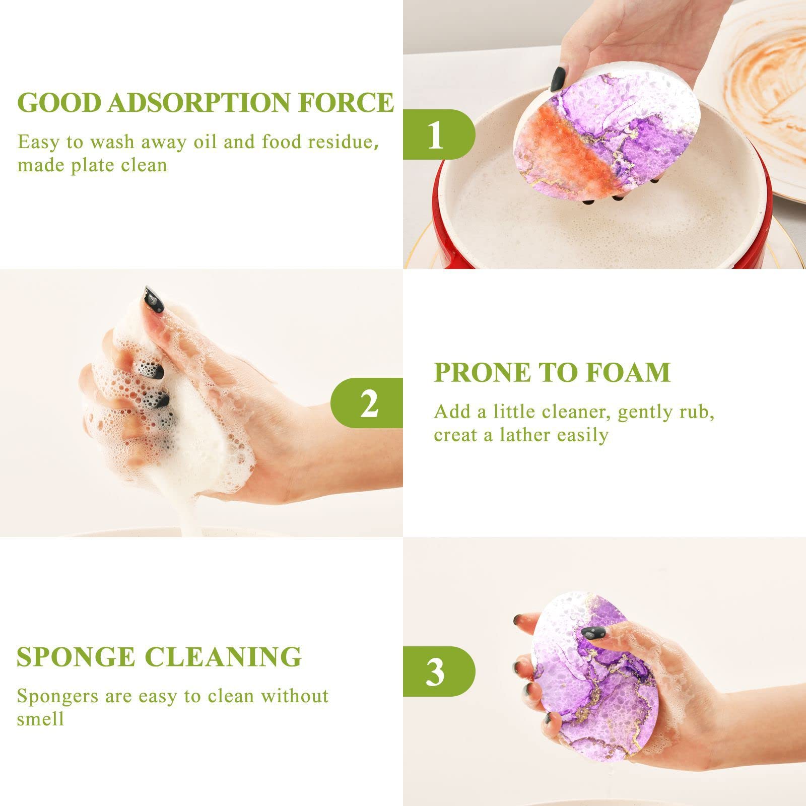 Kcldeci 3 Pack Non-Scratch Dish Sponges - Purple & Shiny Golden Alcohol Ink Design, Durable Kitchen Scrub Sponges for Dishwashing, Countertops, and Household Cleaning