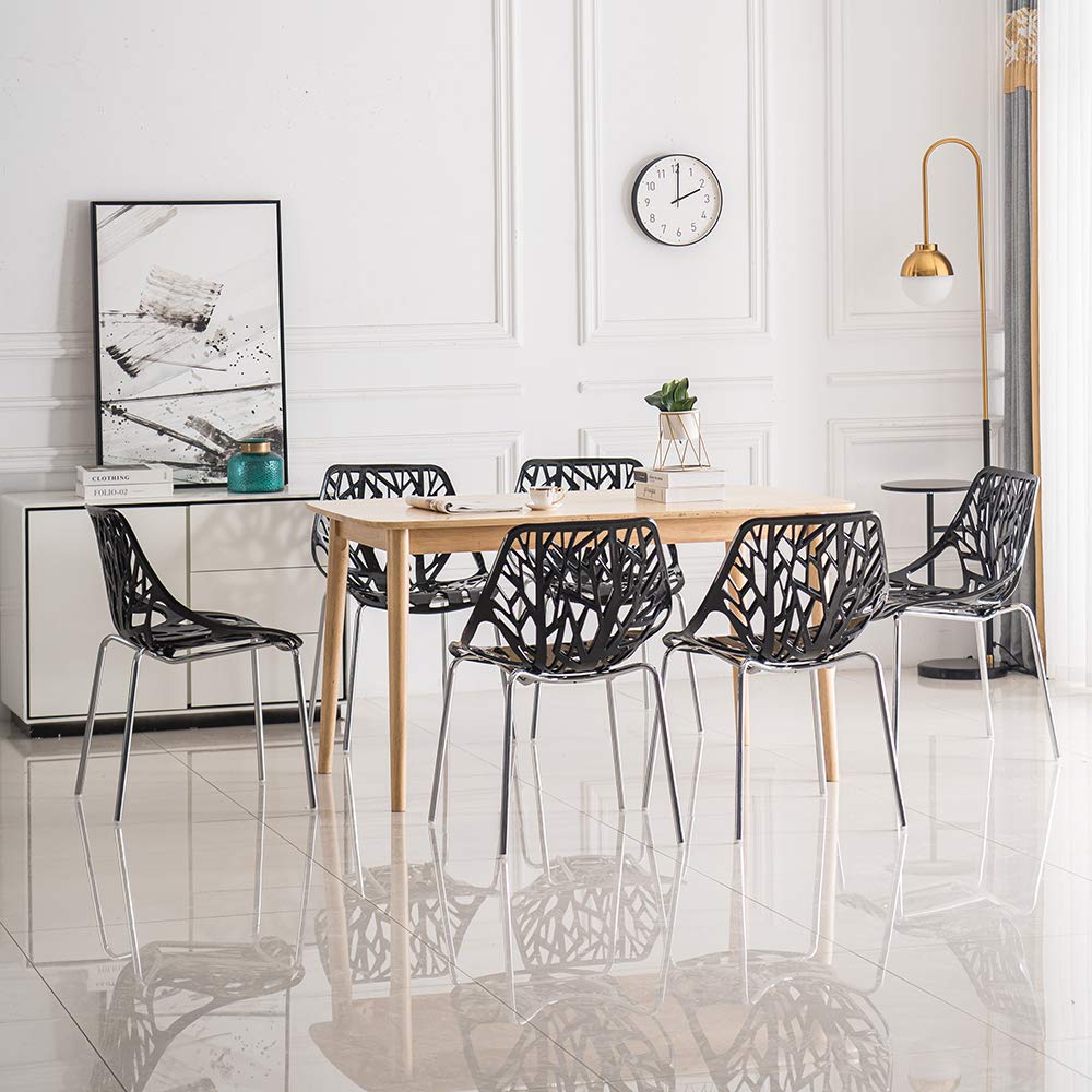 Bonnlo Modern Black Dining Chairs Set of 6 - Stackable Plastic Saping Birch Chairs for Kitchen, Dining Room, Office & Restaurant - Space Saving Furniture for Small Spaces & Compact Homes (6-Pack, Black)