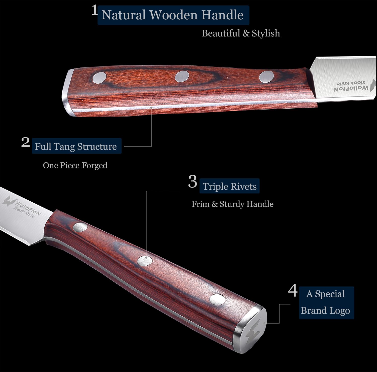 Premium 6-Piece Steak Knife Set - Ultra Sharp High Carbon Stainless Steel Blades with Full Tang Wood Handles - 5