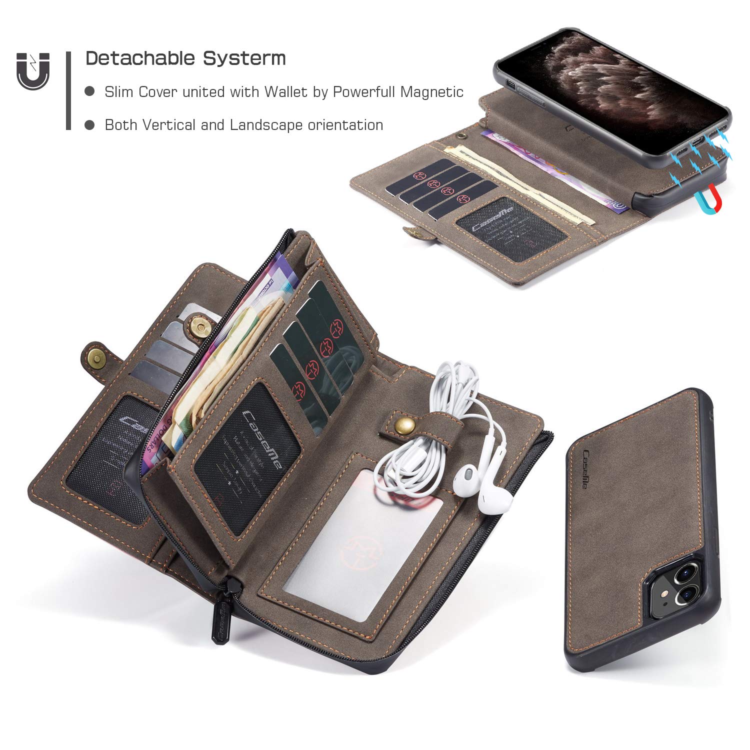 Premium Leather Wallet Case for iPhone 12 6.1 inch - Detachable Magnetic Flip Cover with Zipper, 11 Card Slots & Wrist Strap | Shockproof Protective Phone Handbag (Coffee) - Perfect for Travel, Shopping & Daily Use