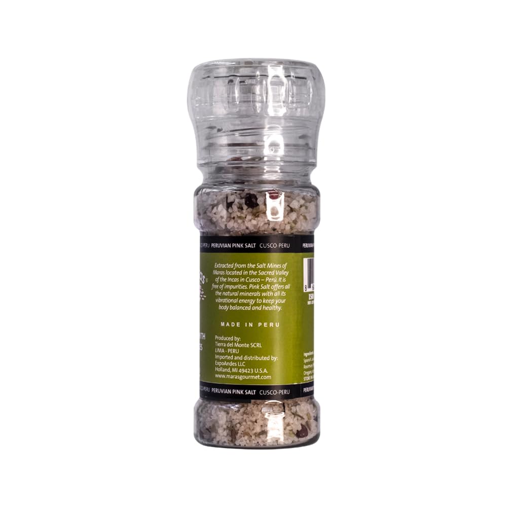Premium Maras Gourmet Pink Salt from Peru - Hand-Harvested, Refillable Grinder 3.5oz (100g) with Natural Spices | Unique Flavor for Cooking, Seasoning & Gourmet Dishes | Authentic Peruvian Pink Salt for Chefs & Home Cooks