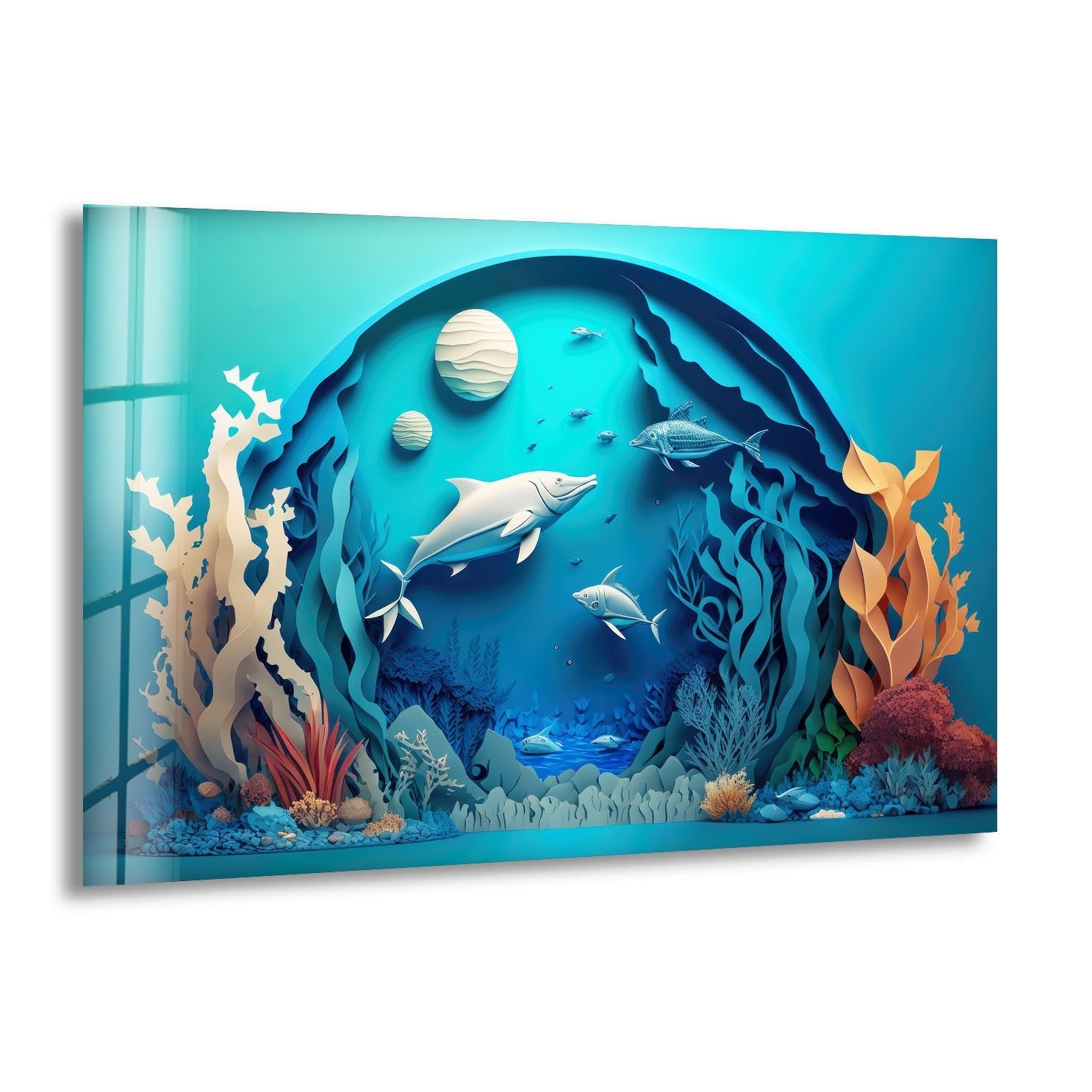 3D Fishes Paint Glass Wall Art - Handmade Ocean Themed Decor for Living Room, Bedroom, Bathroom - Perfect for Home, Office & Gift Giving