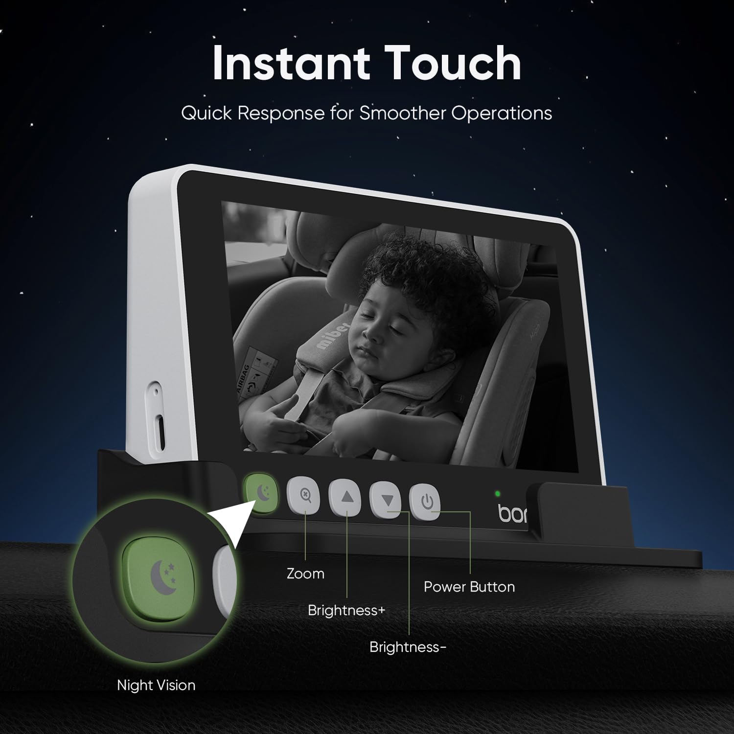 Bonoch 5'' 1440P Baby Car Camera - Rear Facing Car Seat Monitor with Night Vision & 4X Zoom, USB Powered Backseat Camera for Infants (Includes Charger) | Perfect for Road Trips, Night Driving & Keeping an Eye on Your Baby in the Car