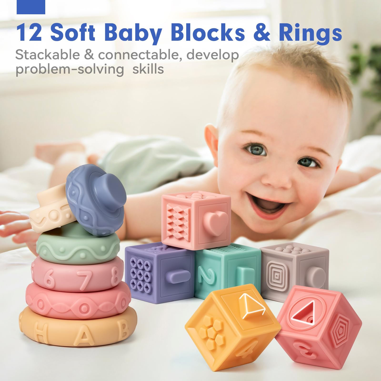 SpringFlower 3-in-1 Montessori Baby Toys - Rattle Teether, Soft Stacking Rings & Sensory Blocks for 0-18 Months | Developmental Learning Toys for Infants & Toddlers | Perfect for Playtime, Teething Relief & Early Education