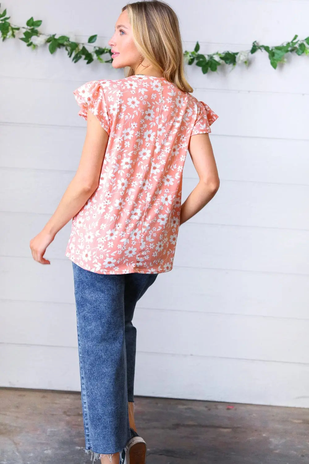 Peach Floral Print Frilled Short Sleeve Yoke Top for Women | Summer Blouse | Casual & Party Wear