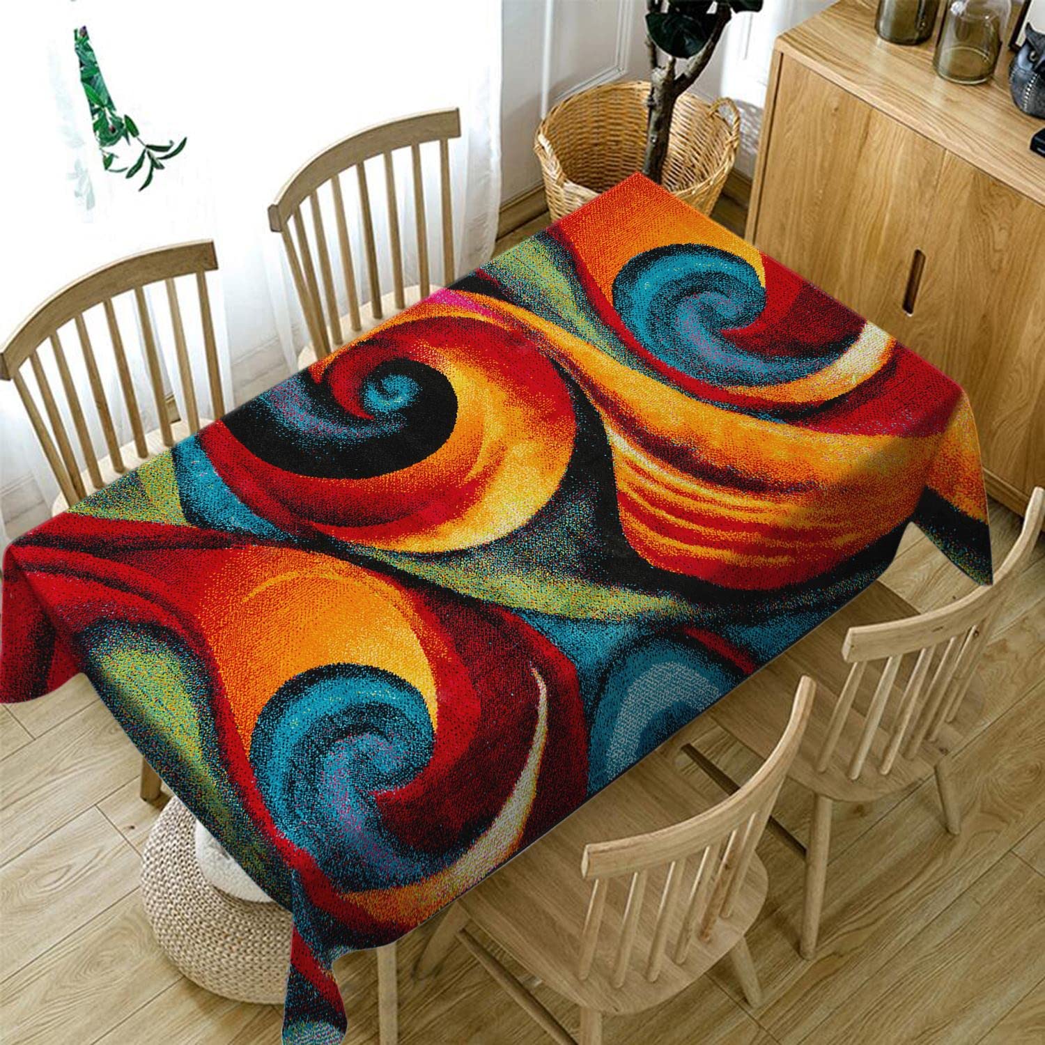 GUBIYU Modern Abstract Paisley Tablecloth - Red Blue Swirls Geometric Design, Wrinkle Resistant & Washable Boho Style Kitchen Table Cover (54