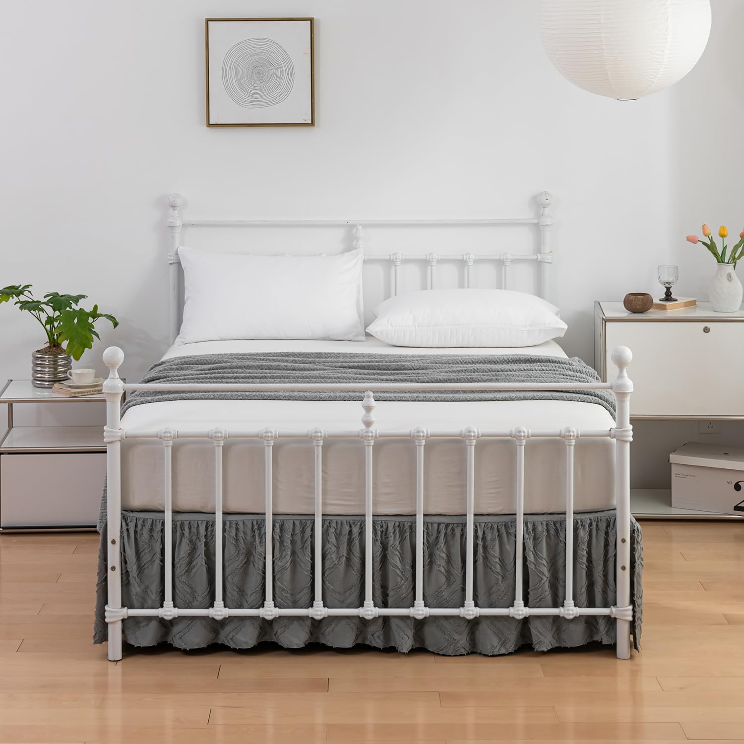 Tufted Full Size Bed Skirt - 14 Inch Drop Ruffled Bed Skirt with Split Corners | Boho Chic White & Grey Bedding | Perfect for Guest Rooms, Master Bedrooms & Airbnb Decor
