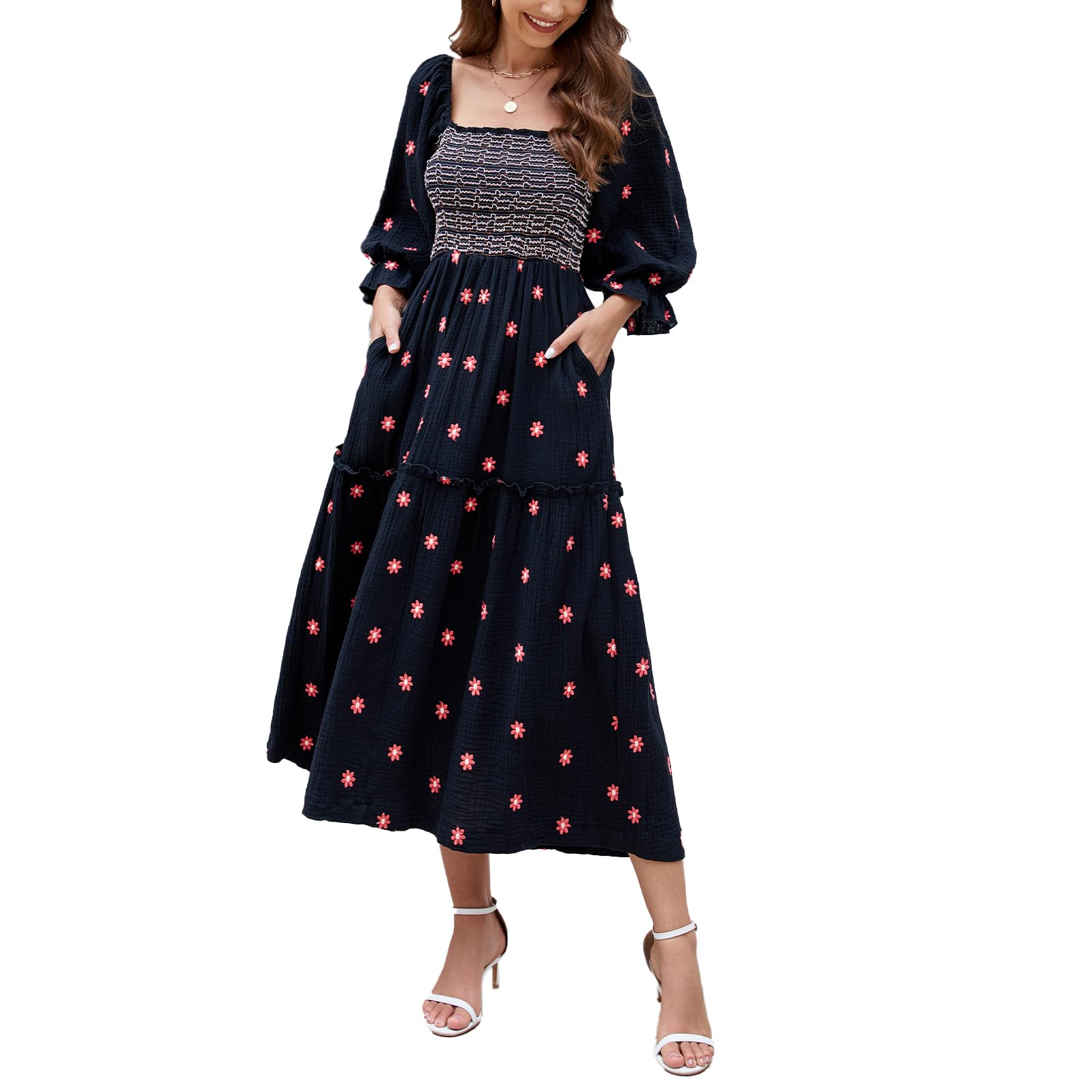 Women's Floral Embroidered Maxi Dress with Long Puff Sleeves & Square Neck - Bohemian Flowy Summer Dress with Pockets & Smocked Waist | Perfect for Beach Vacations, Date Nights & Fall Weddings