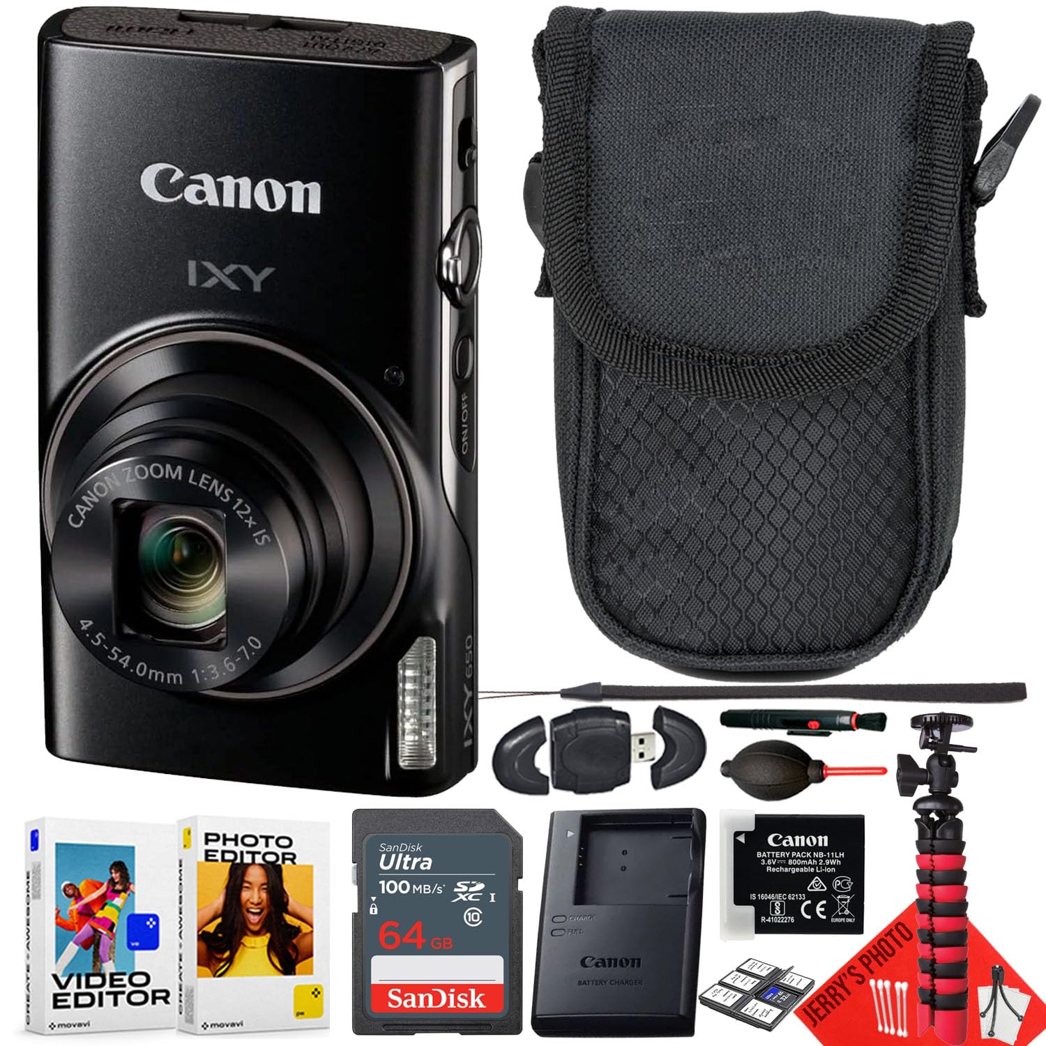 Canon PowerShot IXY 650 / ELPH 360 HS 12x Optical Zoom Digital Camera (Black) - 64GB Memory Card, Case, Tripod & Accessories Bundle - Perfect for Travel, Vlogging & Everyday Photography (Renewed)