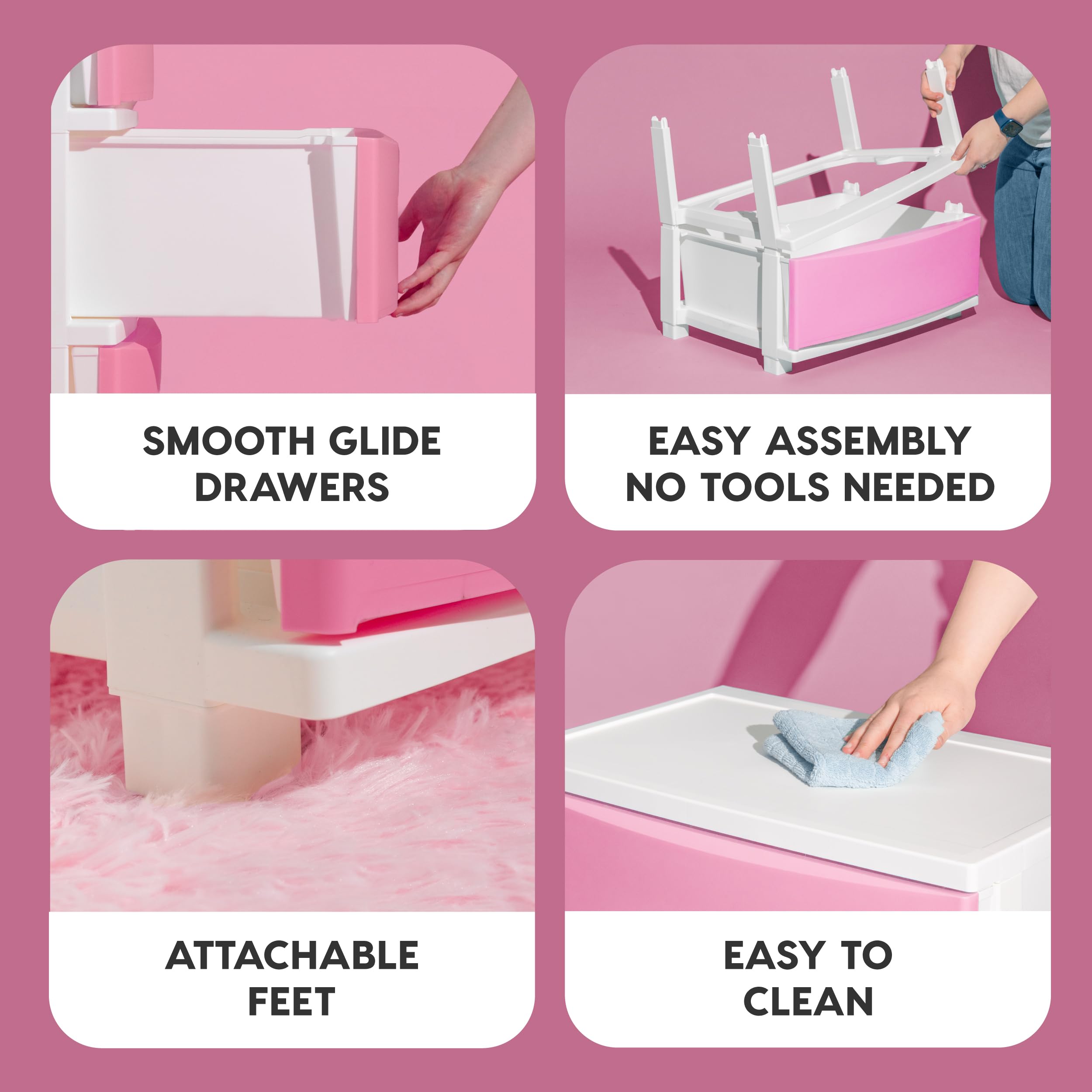 IRIS USA 4-Drawer Plastic Storage Organizer - White Frame with Matte Pink Front Panels for Classroom, Bathroom, Dorm, Bedroom & Laundry Room - Perfect for Art Supplies, Clothes & Home Organization