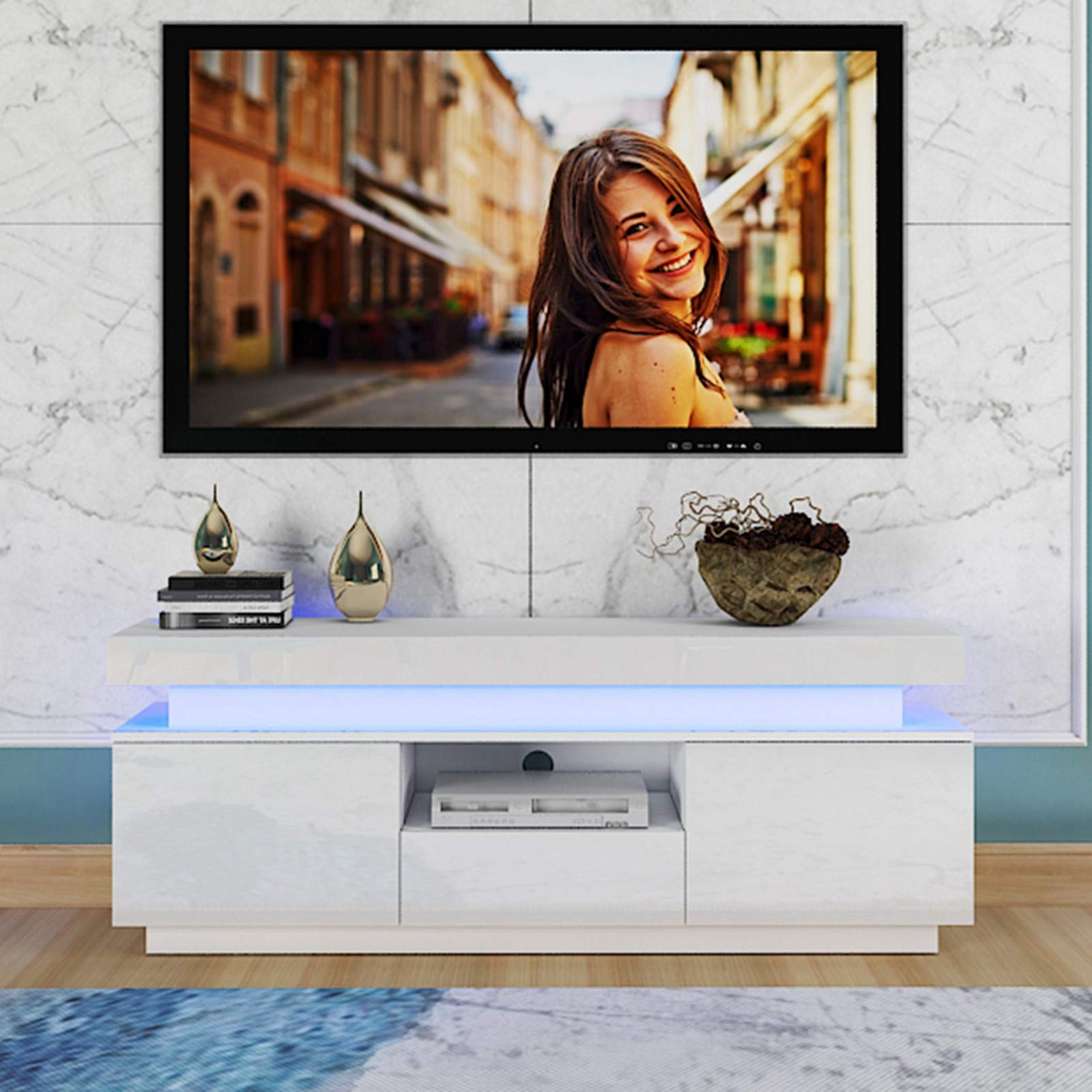 Universal TV Stand for 51 Inch TVs with Storage Drawer & LED Lights - Modern Entertainment Center Console for Gaming, Movies & Media - Perfect for Living Room & Bedroom (White)