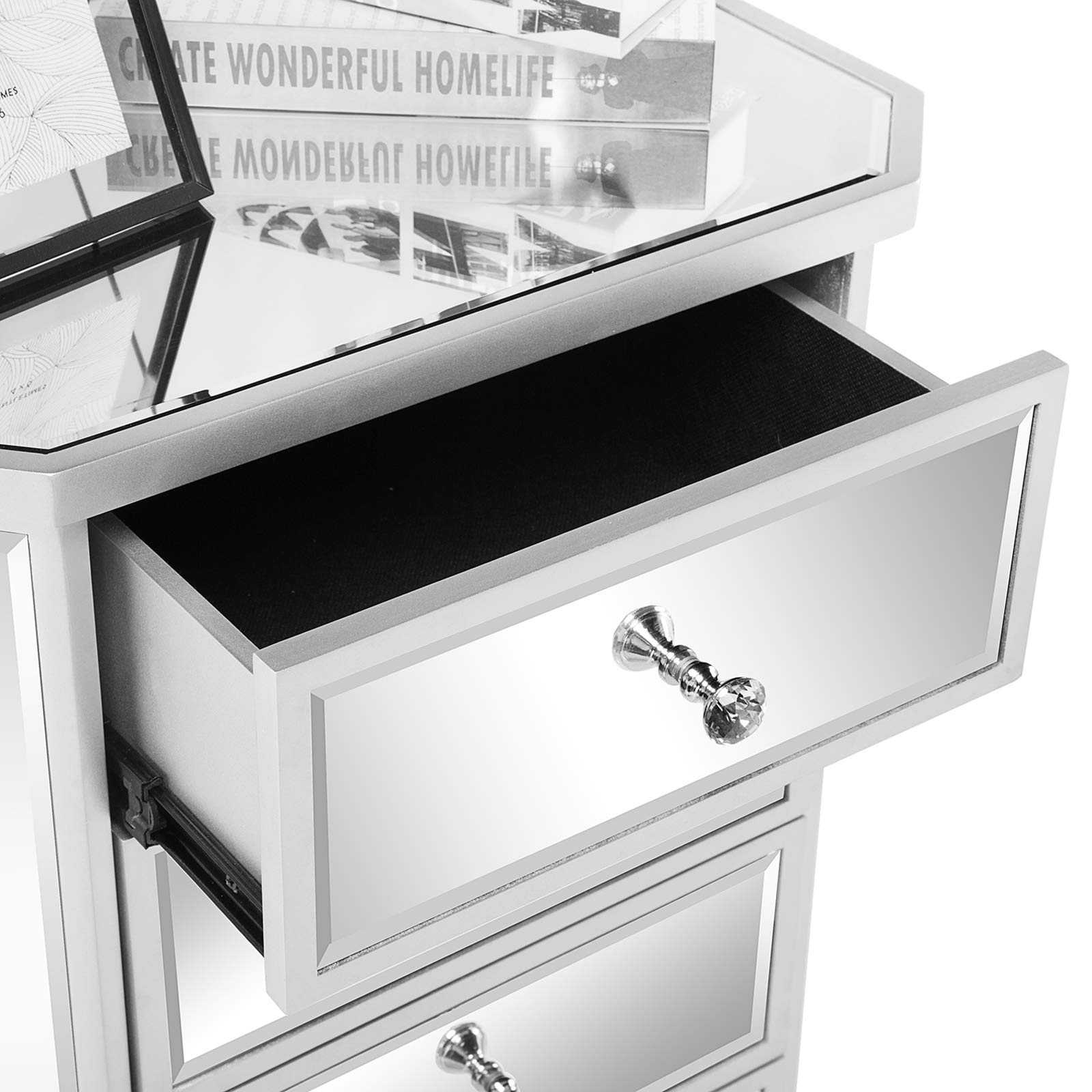 VINGLI 5-Drawer Mirrored Dresser - Modern Glass Chest of Drawers for Bedroom, Silver Finish | Perfect for Dressing Room, Living Room & Bedroom Storage