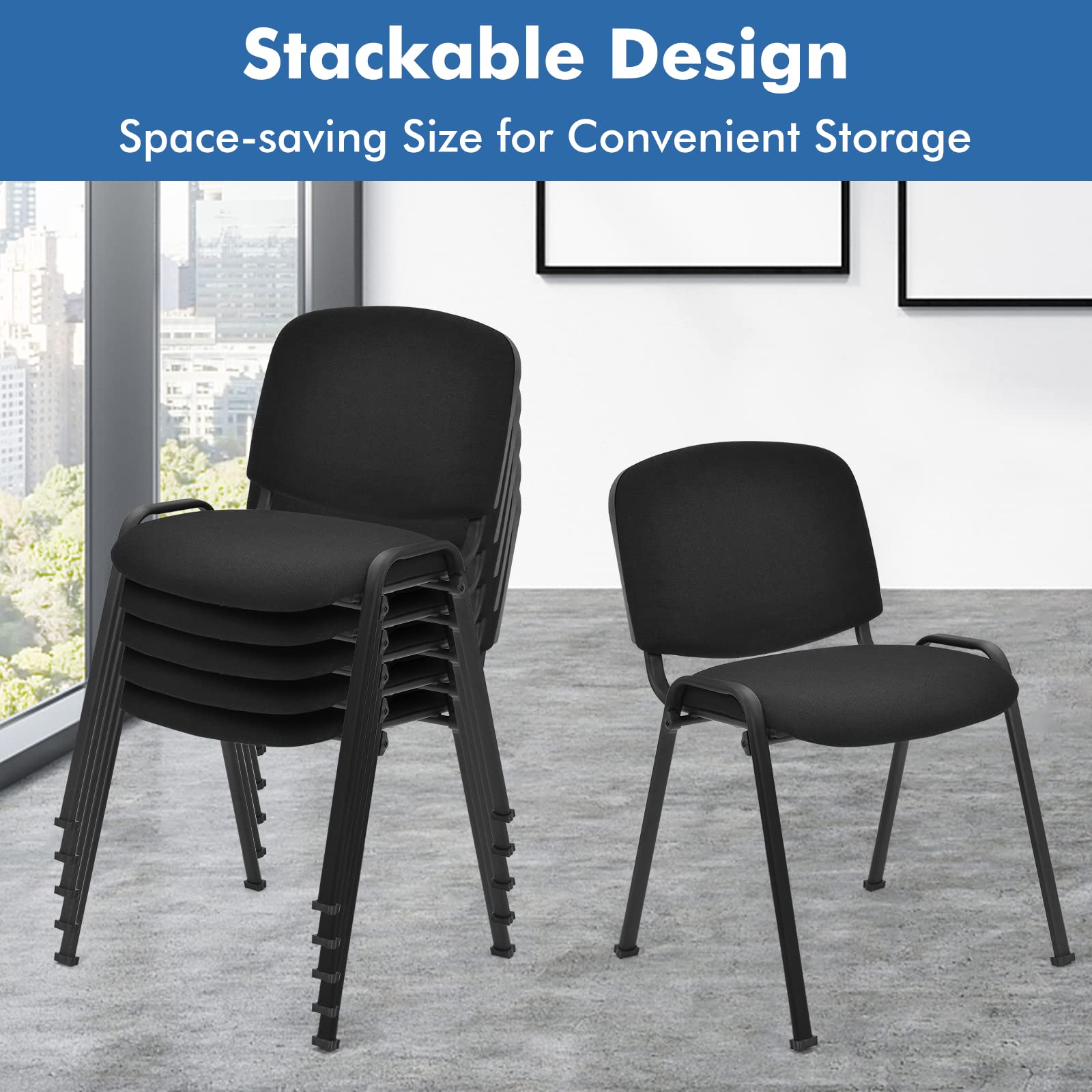 Stackable Metal Frame Waiting Room Chairs with Padded Cushion - 5-Pack Ergonomic Conference Chairs for Office, Reception, Events & Meetings - Durable Guest Seating Solution for High-Traffic Areas