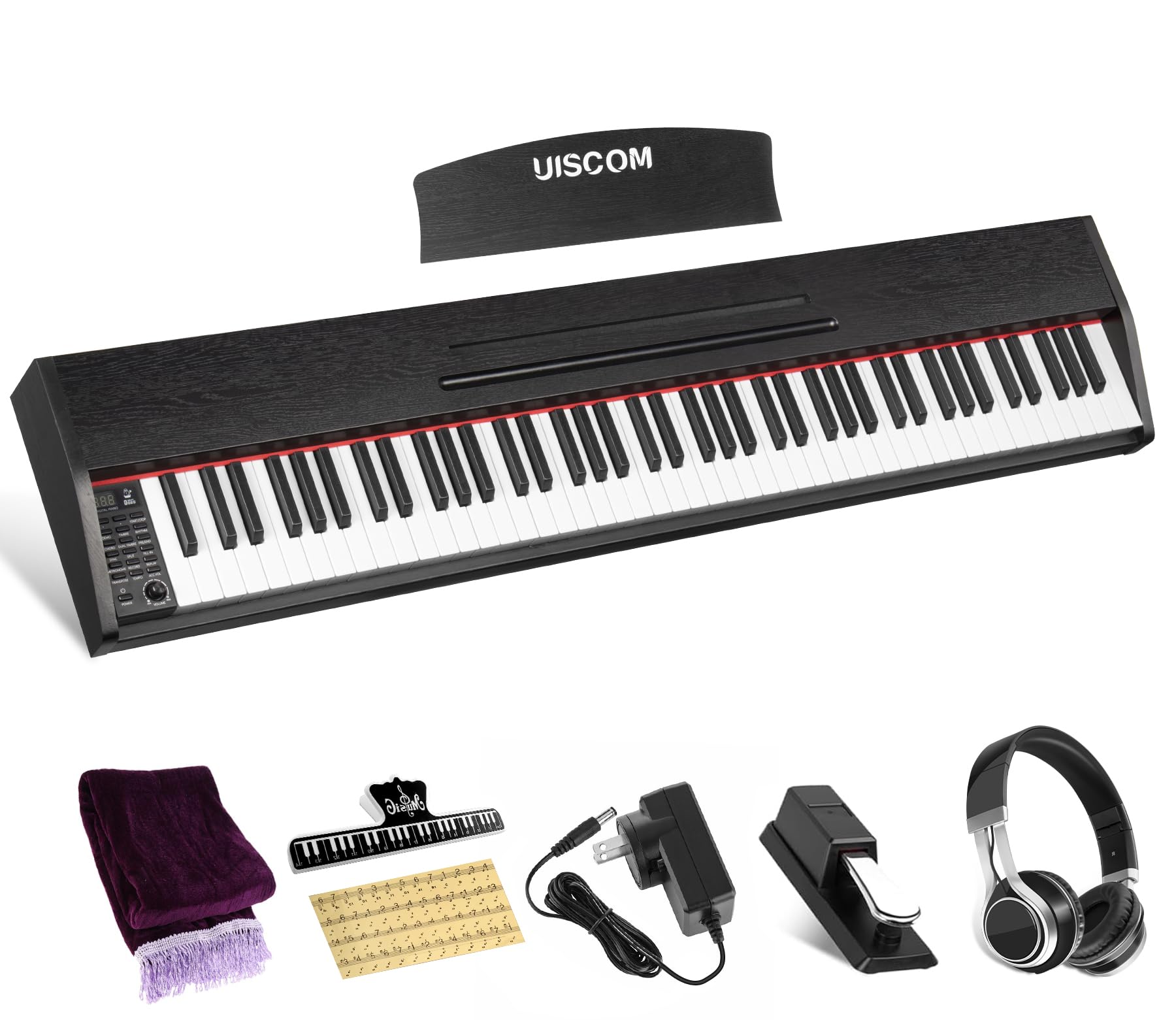 88-Key Digital Piano Keyboard for Beginners - Full Size Semi-Weighted Electric Piano with Music Stand, Sustain Pedal, Headphones & Power Adapter - USB MIDI Compatible Wood Grain Black Keyboard - Perfect for Home Practice, Music Lessons & Studio Recording