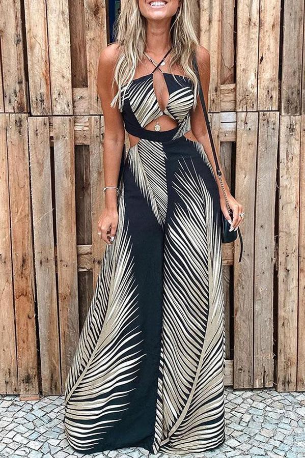 Tropical Palm Leaf Print Cutout Elastic Waist Flare Jumpsuit for Women - Summer Beach Vacation Outfit, Boho Chic Party Wear