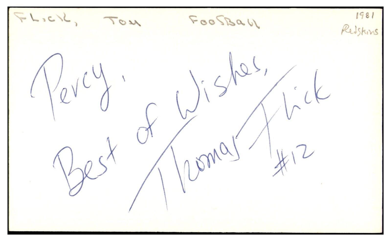 Tom Flick Signed Autographed 3x5 Index Card - Washington Football Memorabilia - Perfect for Collectors, Fans & Sports Memorabilia Displays