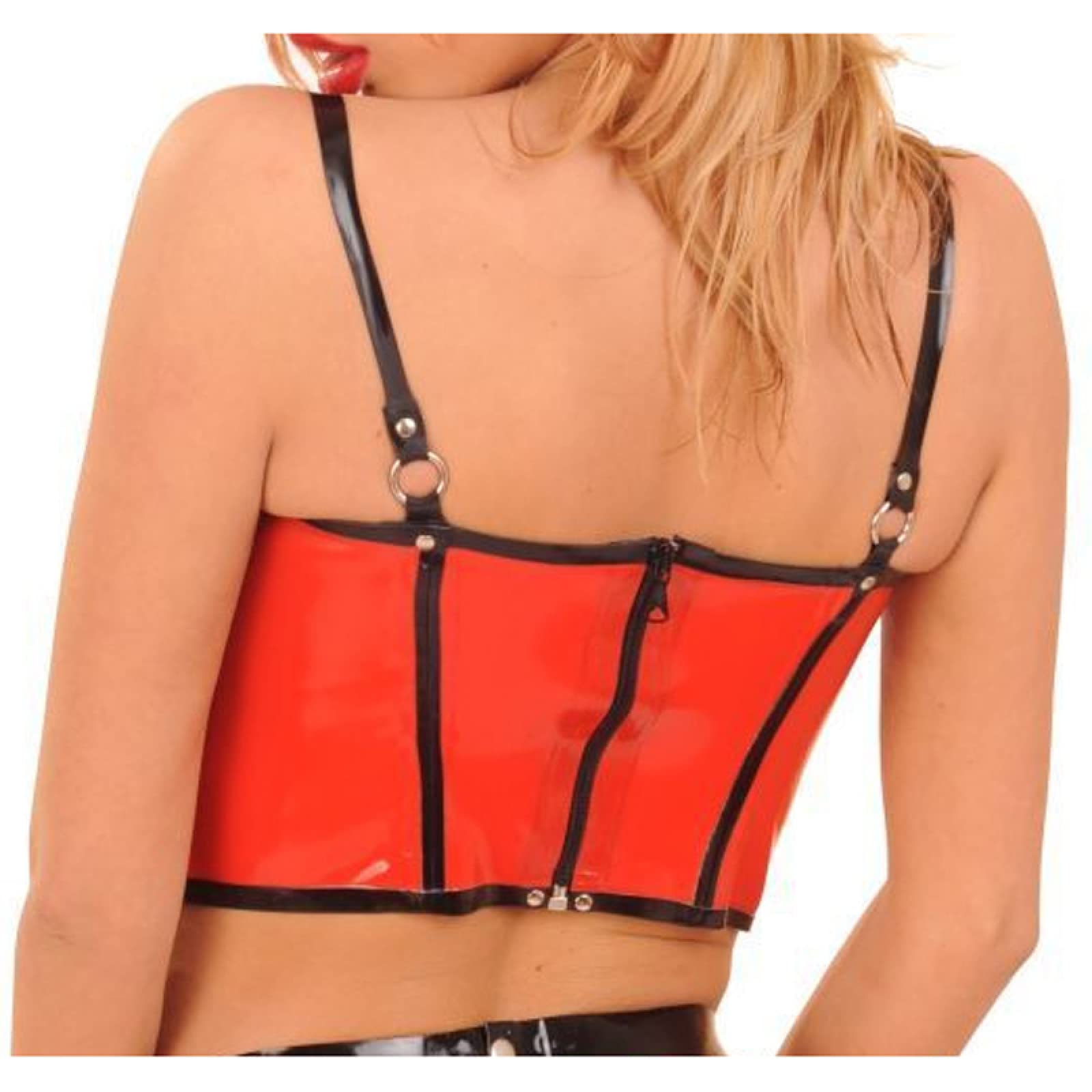 Sexy Red and Black Latex Bra with Back Zipper Trim - Stretch Rubber Lingerie for Women | Perfect for Fetish Wear, Costume Parties & Boudoir Photography