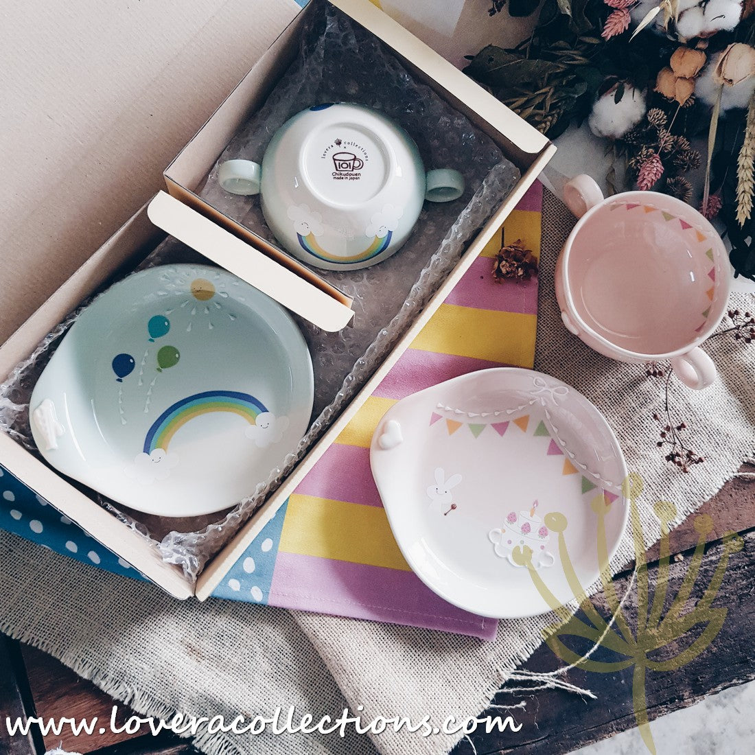 Chikudouen x Lovera Blue Balloon Kids Dinnerware Set - 4-Piece Children's Tableware Gift for Birthday & Holidays (Plates, Bowls, Cups & Utensils) - Perfect for Parties, Daily Meals & Special Occasions