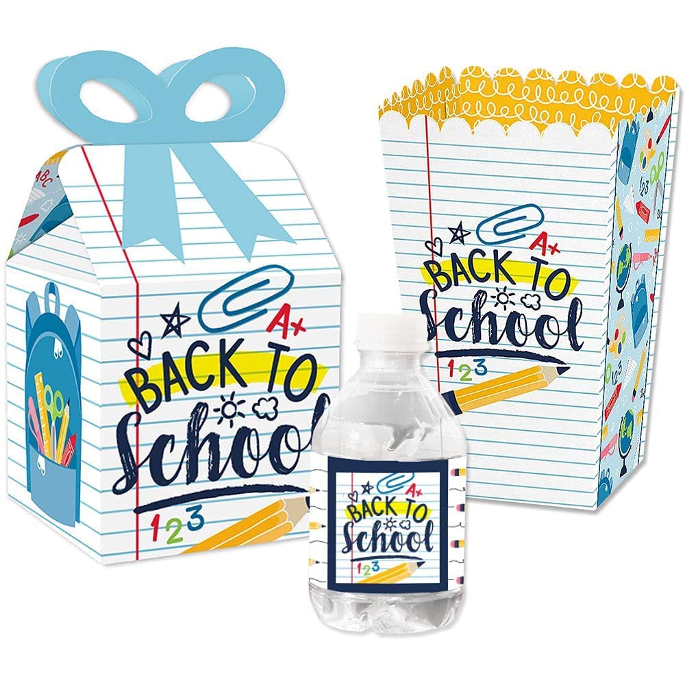 Back to School Party Favors - Bow & Popcorn Boxes, Water Bottle Stickers for Classroom Celebrations
